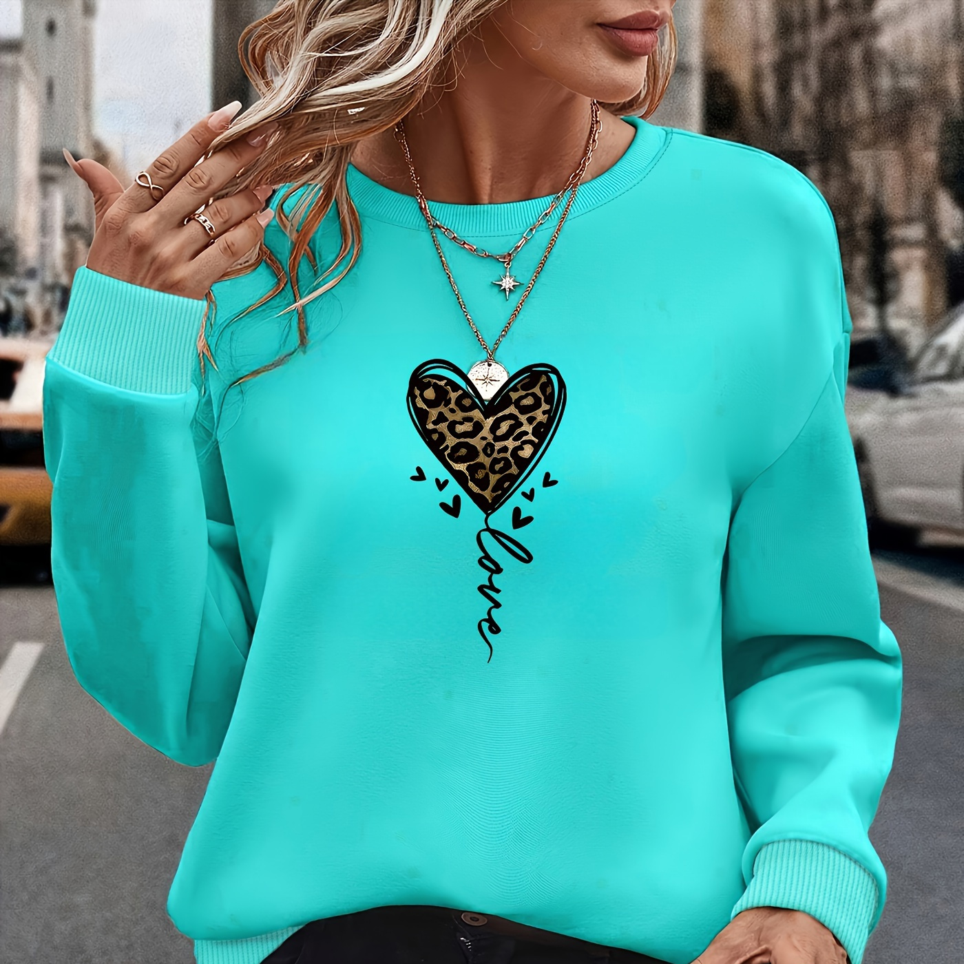 

Women's Elegant Crew Neck Long Sleeve Sweatshirt With Leopard Print , 100% Polyester Knit Fabric, Casual Pullover Sweater