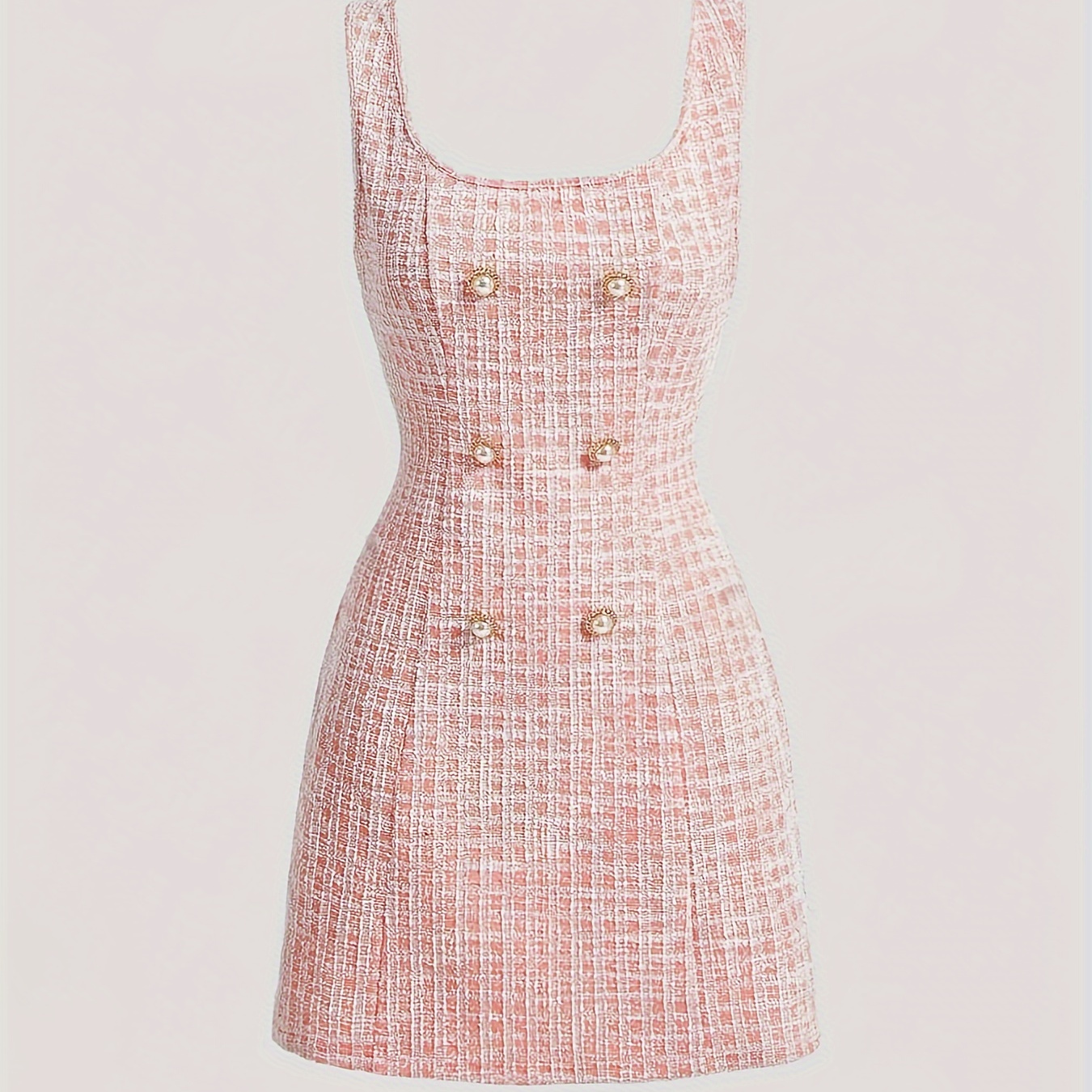 

Women's Cute Gingham Polyester Pinafore Dress With Decorative Buttons, Sleeveless Woven Dress With Square-style Neckline, Adult Brief-length Outfit