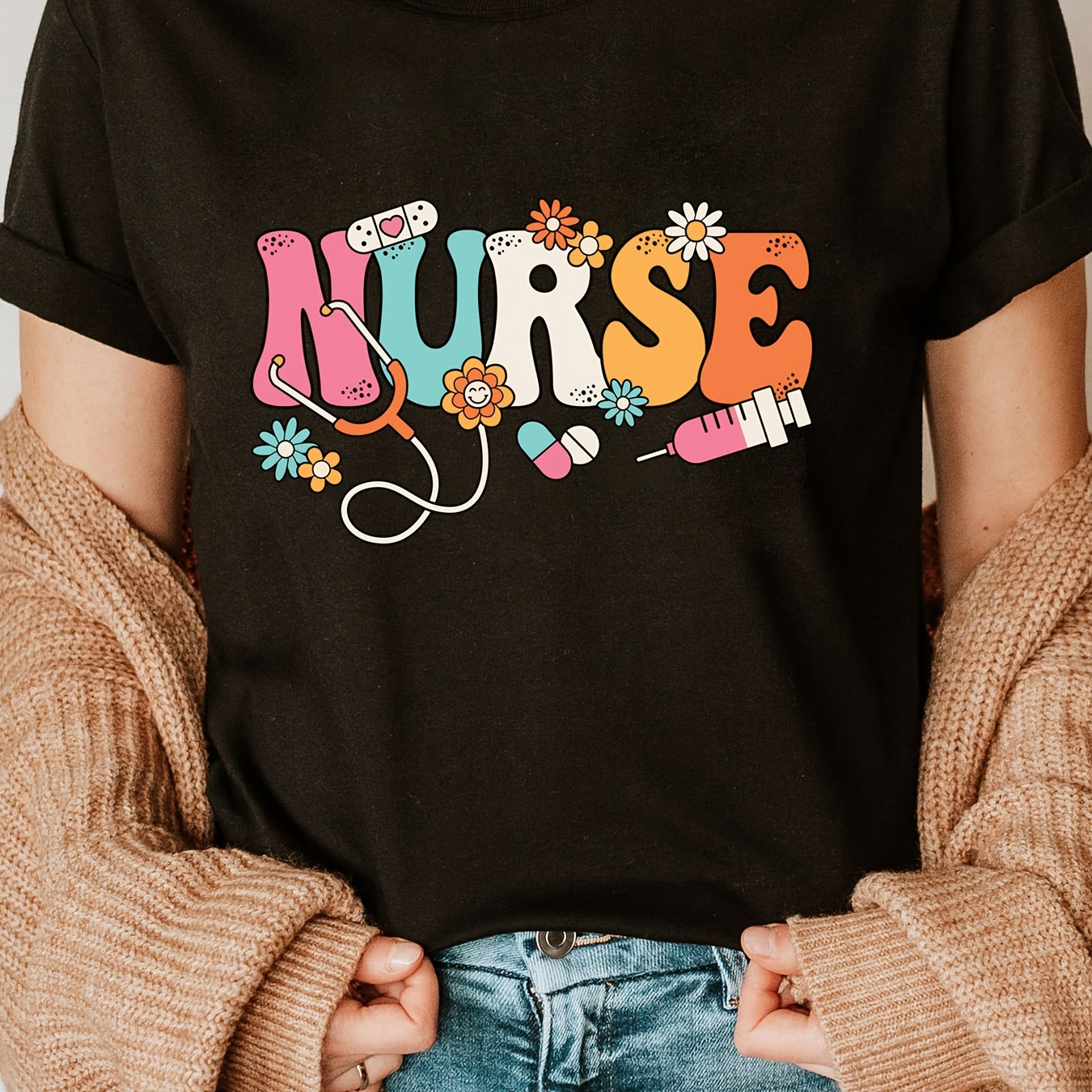 

Nurse Print Crew Neck T-shirt, Casual Short Sleeve T-shirt For Spring & Summer, Women's Clothing