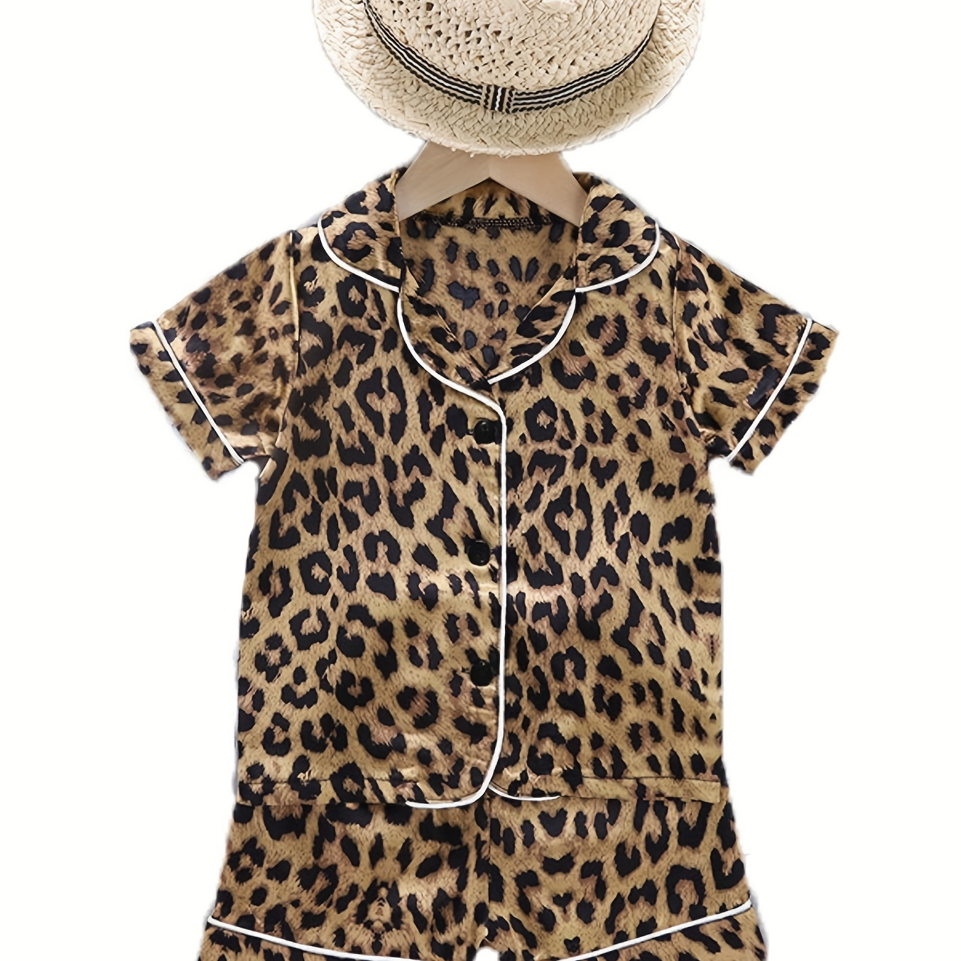 

Kid's Leopard Pattern Satin Pajamas 2pcs, Short Sleeve Top & Shorts Set, Comfy Casual Pj Set, Toddler Girl's Loungewear