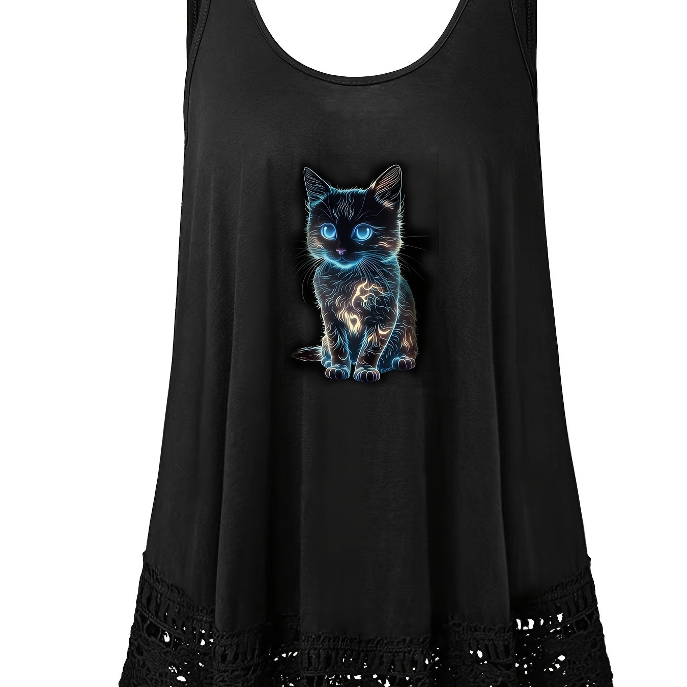 

Plus Size Cute Cat Print Tank Top, Casual Lace Stitching Sleeveless Crew Neck Top For Spring & Summer, Women's Plus Size Clothing