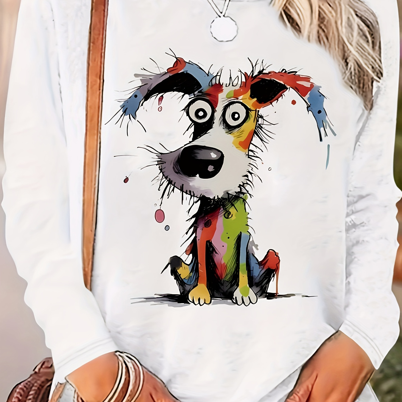 

Cartoon Dog Print T-shirt, Long Sleeve Crew Neck Casual Top For Spring & Fall, Women's Clothing