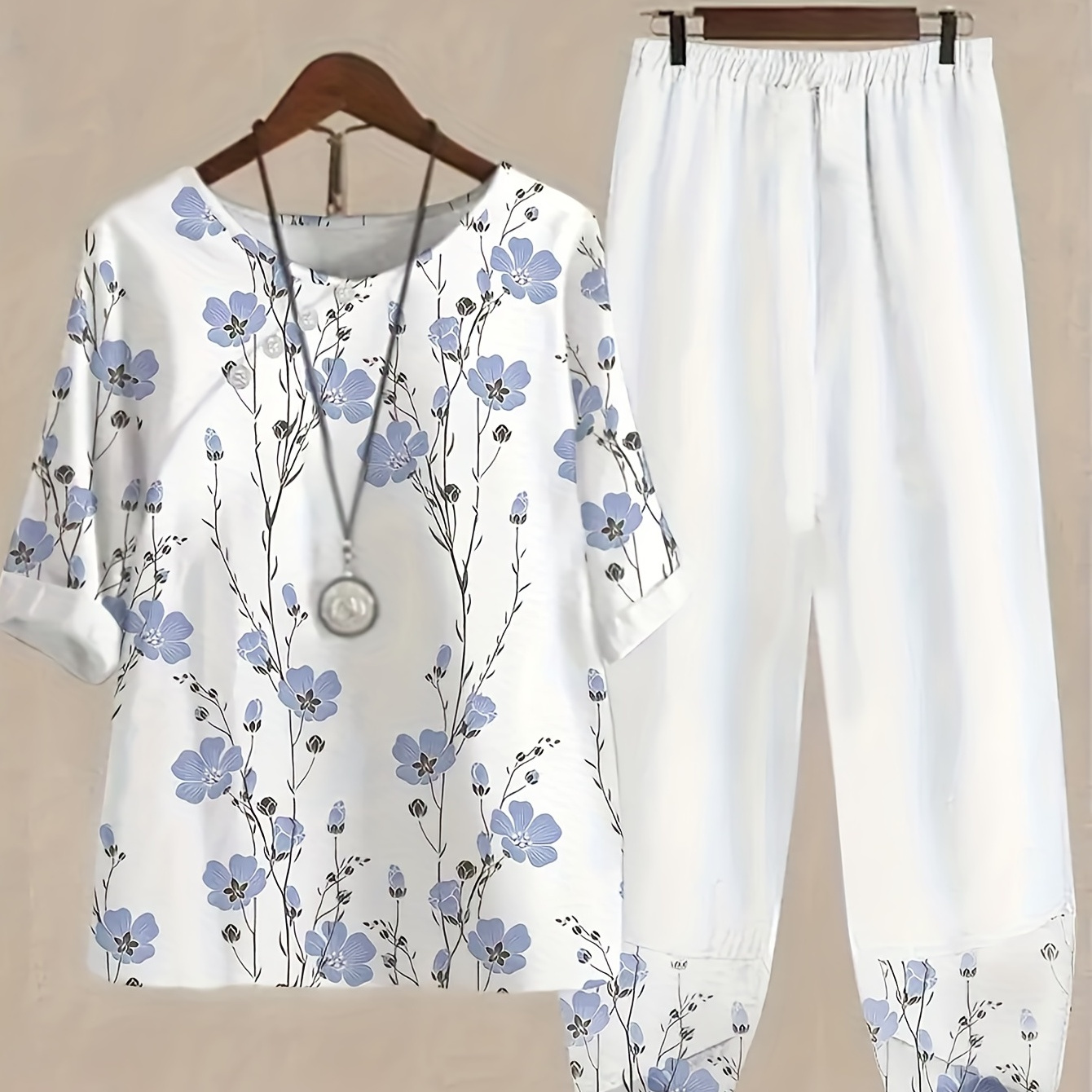 

Floral Print Casual Two-piece Set, Crew Neck 3/4 Sleeve Tops & Elastic Waist Pants Outfits, Women's Clothing