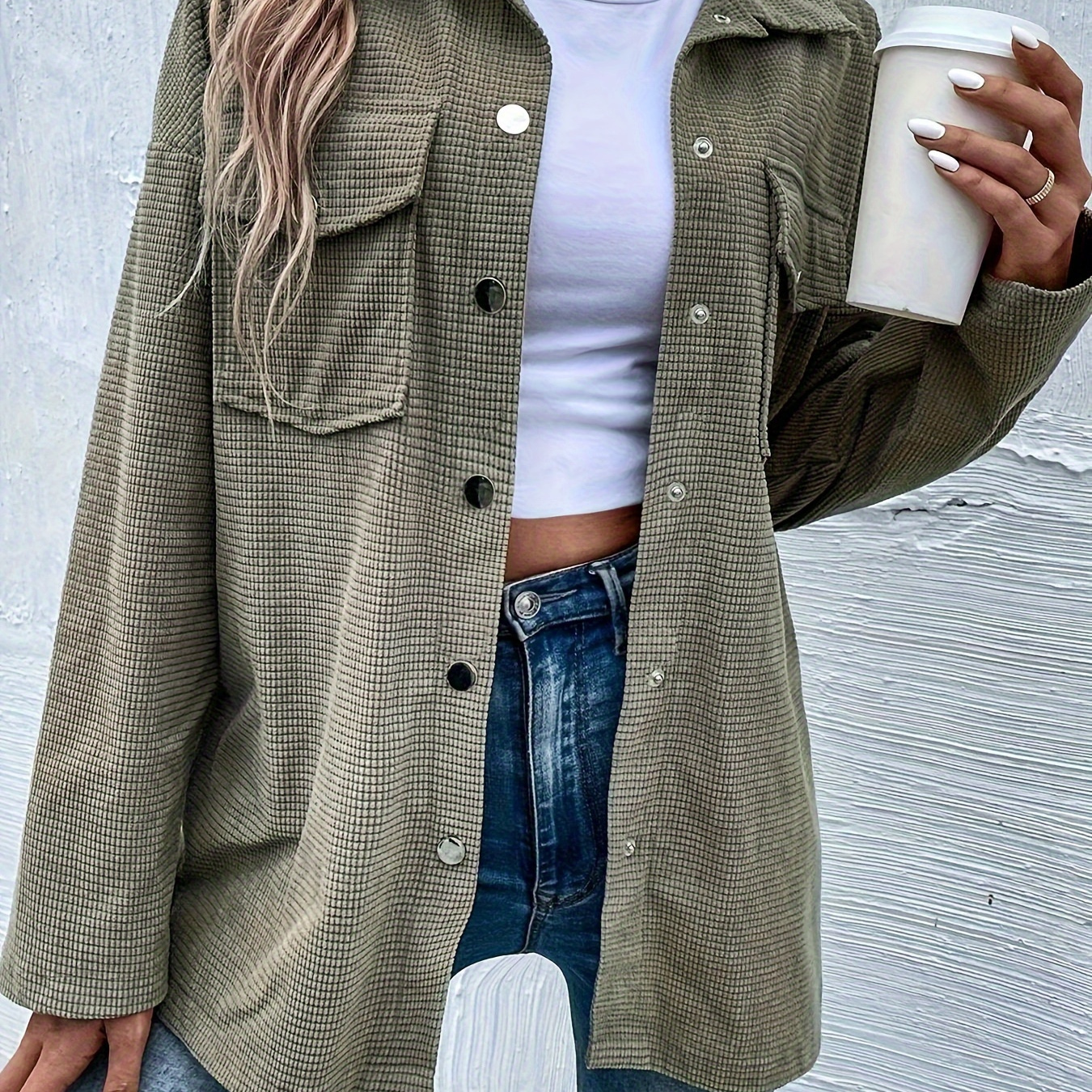 

Chemise boutonnée unie à l'avant, chemise à manches longues avec poches à rabat décontractées pour et , vêtements pour femmes