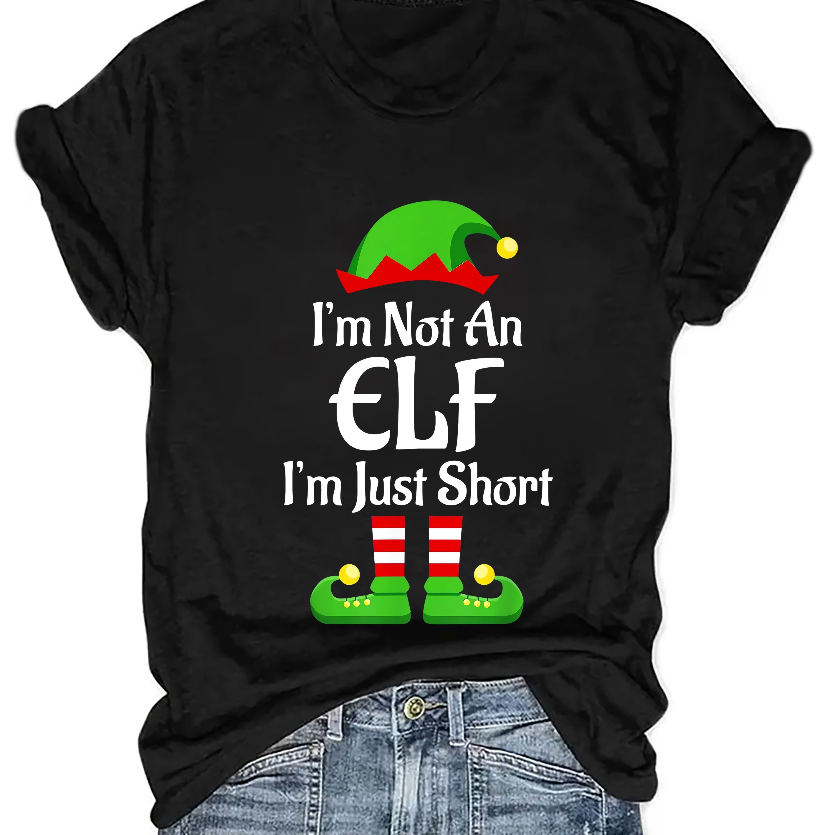 

1pc Elf - For Women, Round Polyester Tee, Christmas Top, Regular Length - All