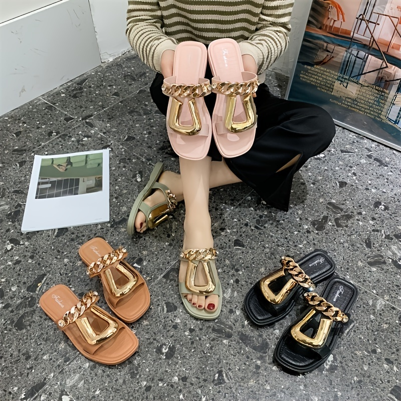 Women's Casual Metal Chain Decor Flat Sandals, Solid Color Open Toe Slides Sandals, Women's Footwear