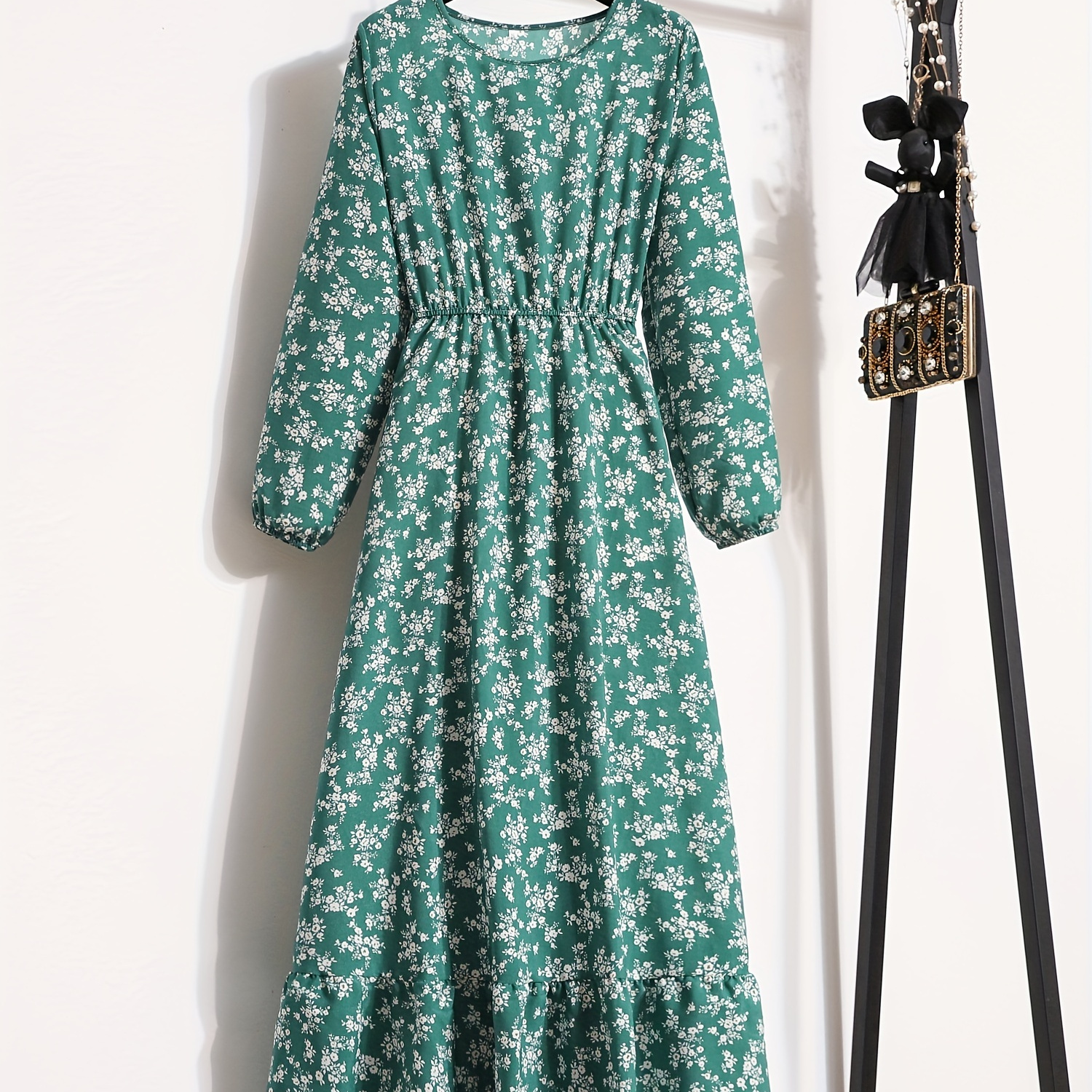 

Floral Print Crew Neck Dress, Elegant Long Sleeve Dress, Women's Clothing