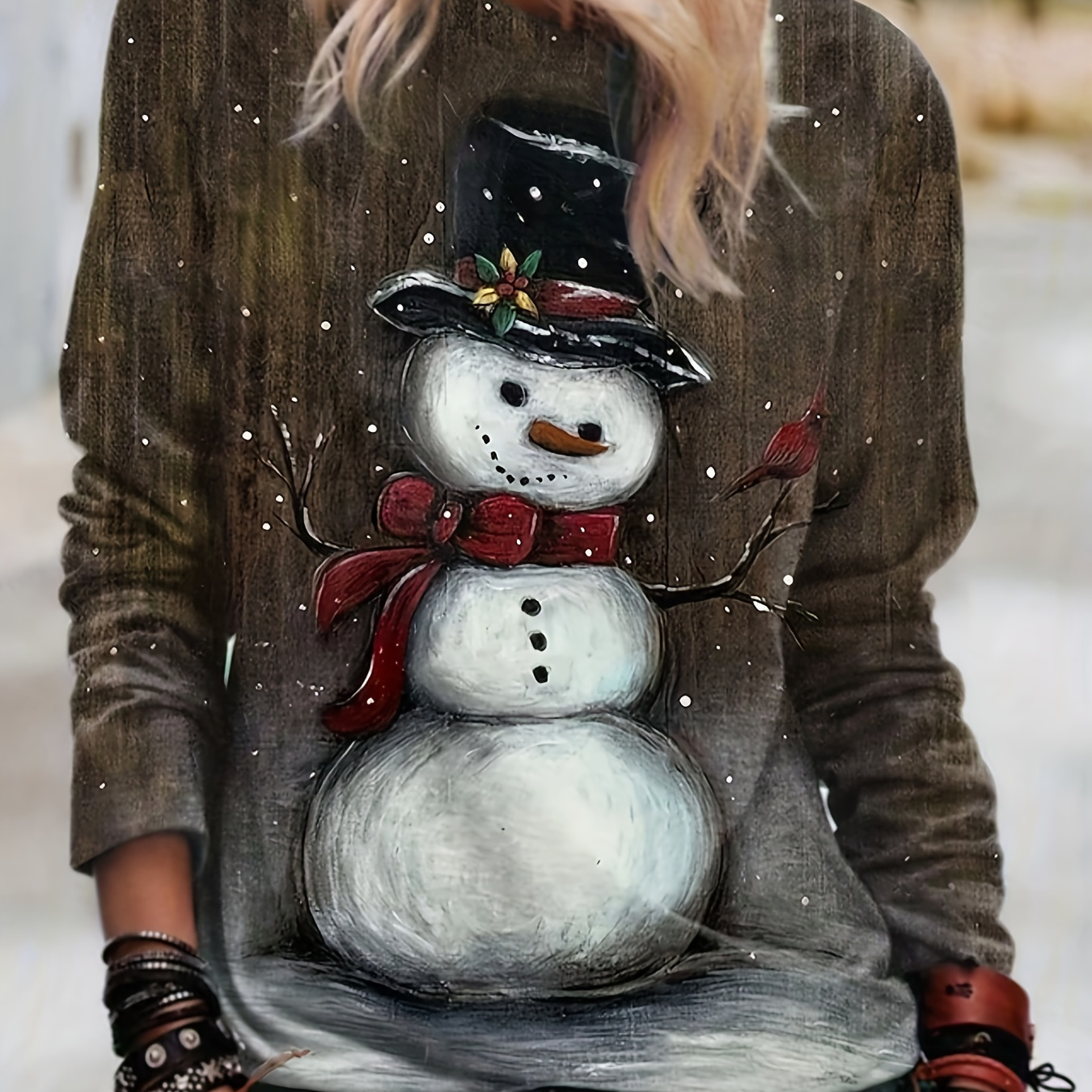 

Snowman Print Crew Neck T-shirt, Casual Long Sleeve Top For Spring & Fall, Women's Clothing