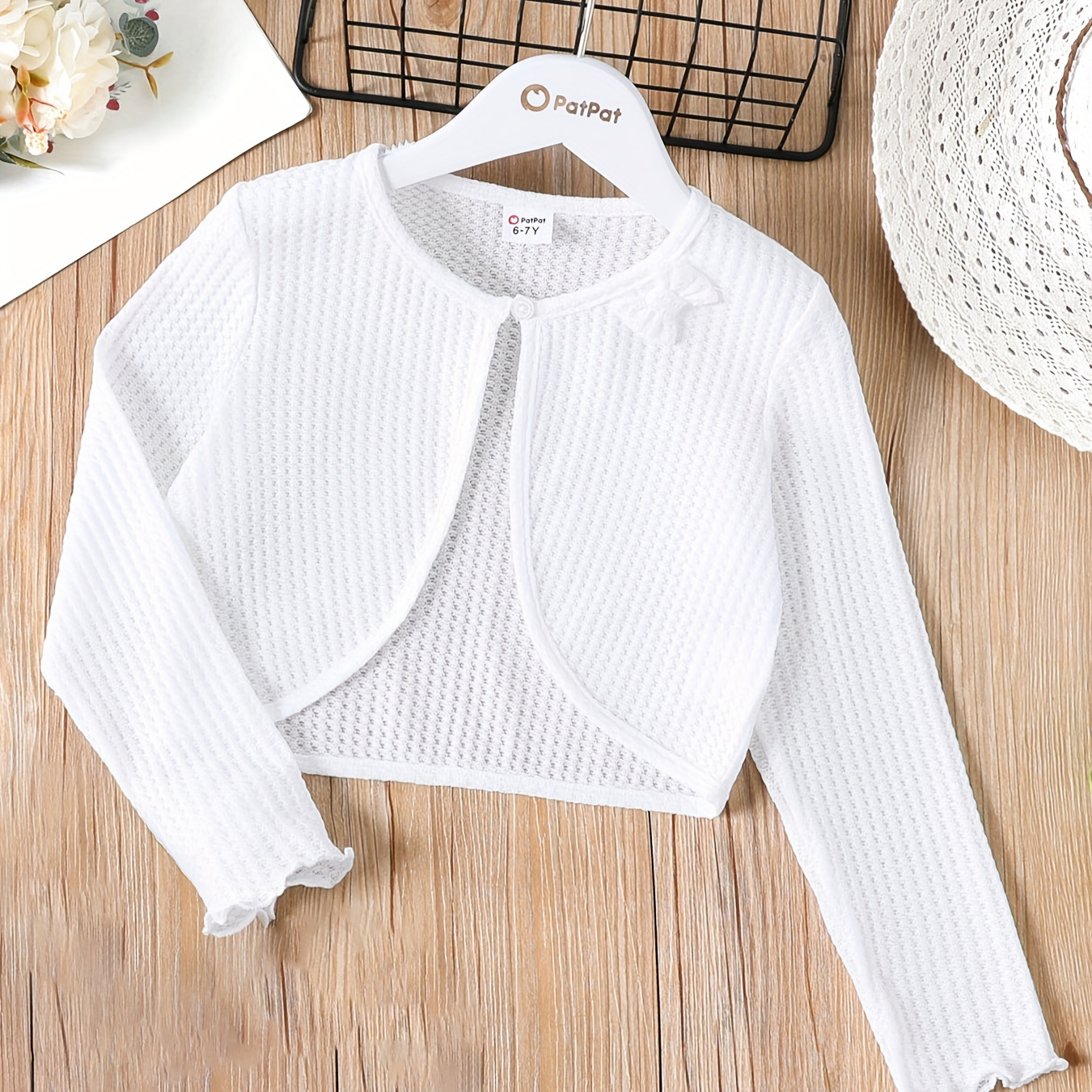 

Baby Girls Adorable Bowknot Design Waffle Round Neck Long-sleeve Solid Color Cardigan/crop Top For Spring & Autumn