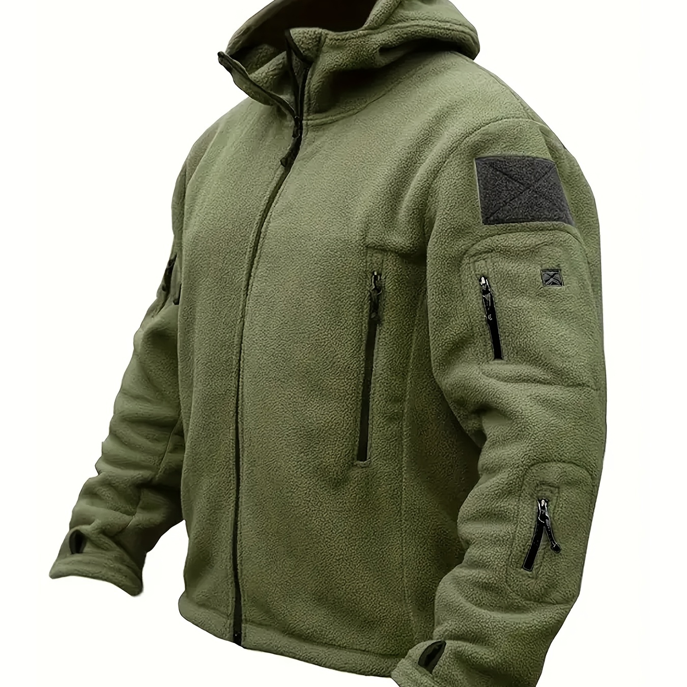 

Men's Fleece-lined Hooded Jacket - Solid Color, Zip-up With Pockets For Winter Outdoor Activities