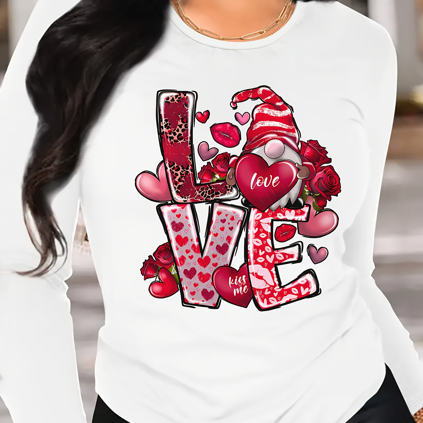 

Women's Valentine's Day "love" Graphic Long Sleeve T-shirt - Soft Polyester, Casual Fit, Round Neck, With And Roses, Attire | Design | Polyester Fabric, Valentines Day Gifts