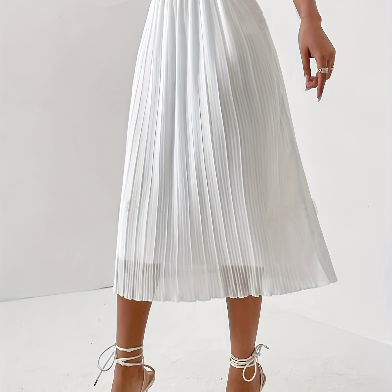 

Solid Color Elastic Waist Pleat Skirt, Casual A-line Skirt For Spring & Summer, Women's Clothing