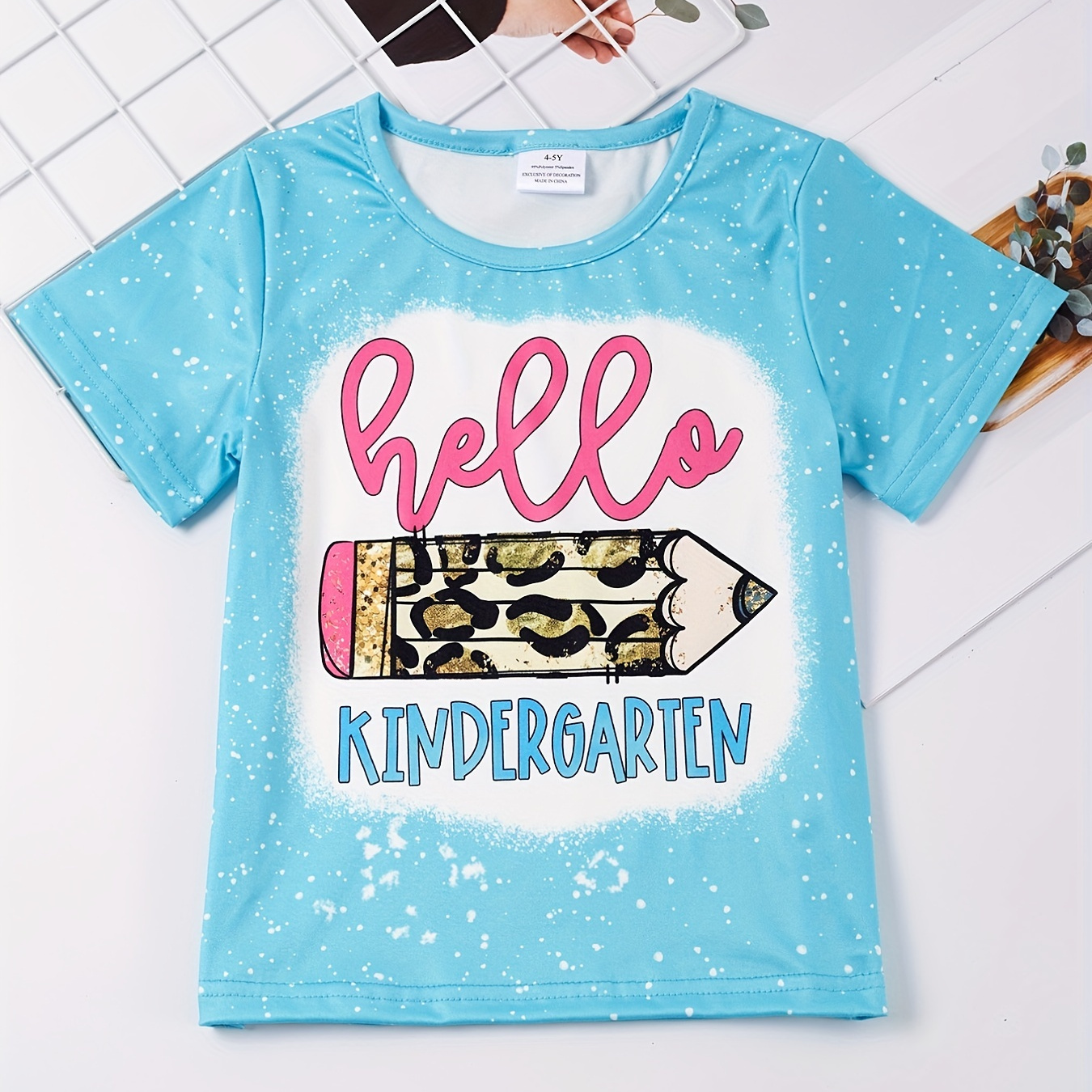 

Toddler Girls Leopard Pencil Graphic Crew Neck Casual T-shirt Tops For Back To School Season Kids Summer Clothes