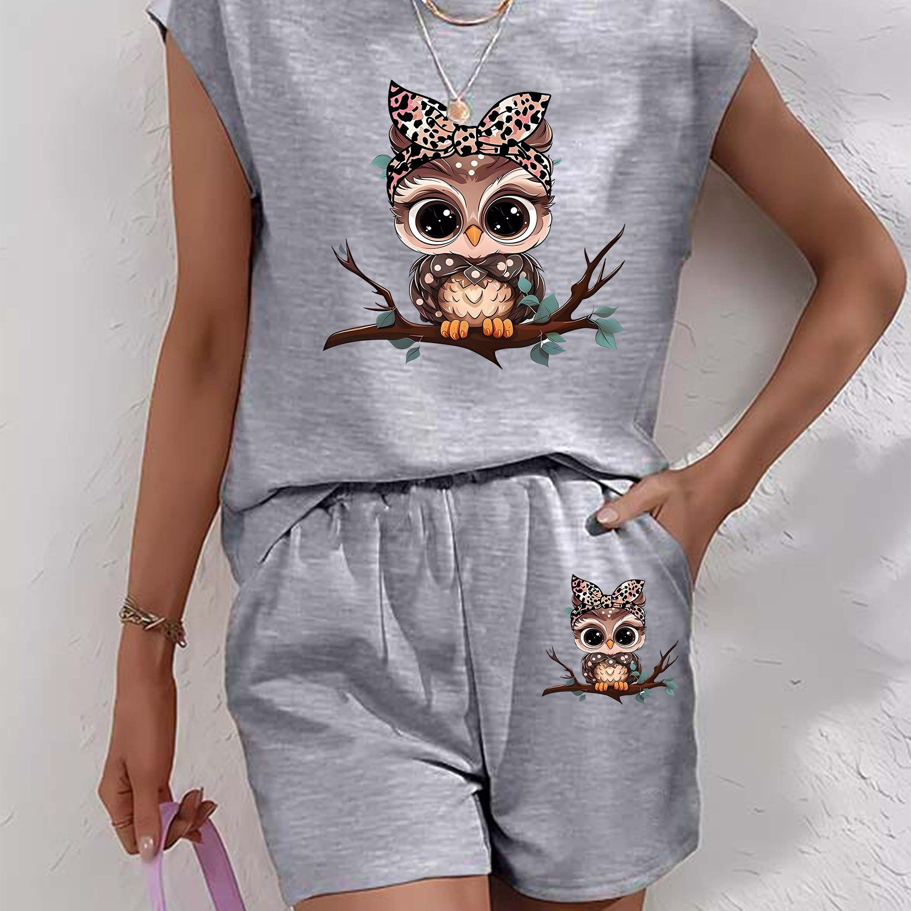 

Graphic Print 2 Piece Set, Short Sleeve T-shirt & Shorts, Women's Clothing