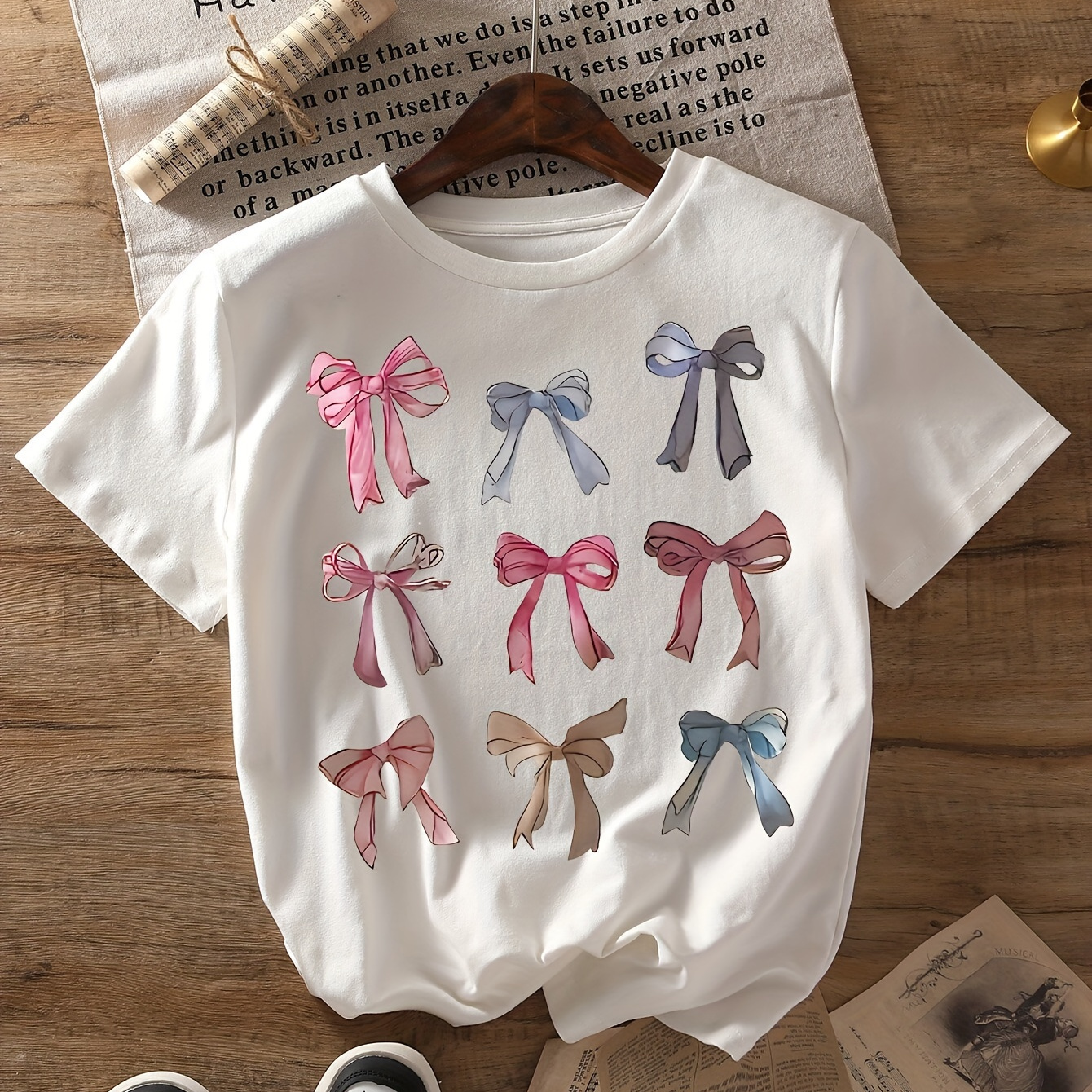 

Bow Print T-shirt, Short Sleeve Crew Neck Casual Top For Summer & Spring, Women's Clothing