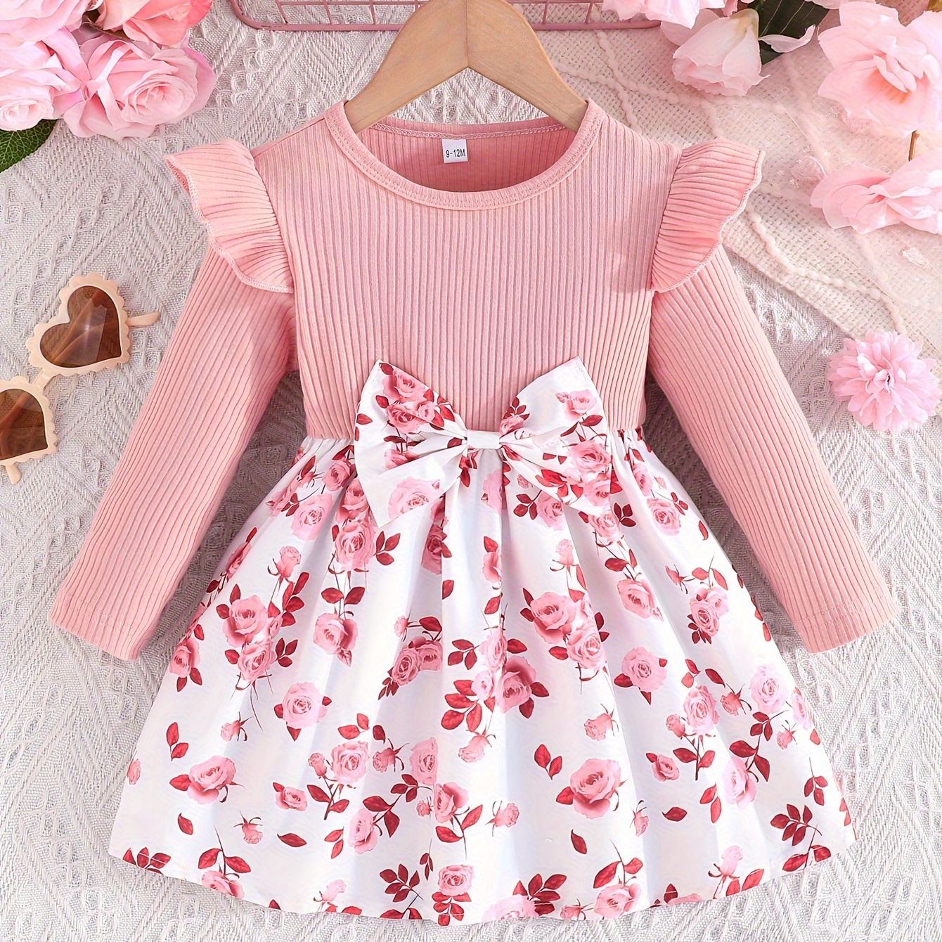 

Toddler Rib Knit Cotton Blend Long-sleeve Dress With Floral Print And Bow Detail, Cute Stretch Fit Flared Hem Playwear For Spring/fall