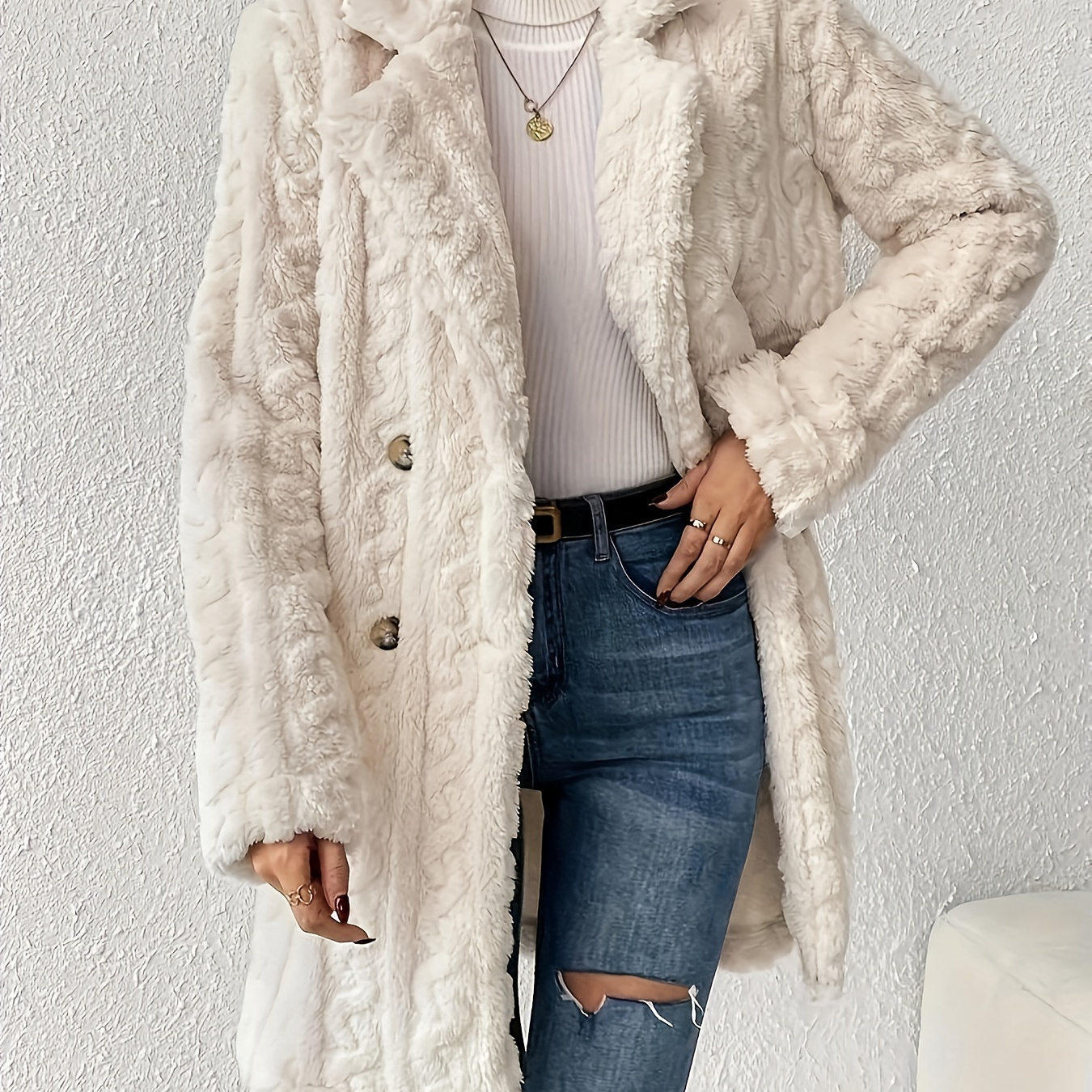 

Double Breasted Lapel Teddy Coat, Versatile Long Sleeve Textured Thermal Winter Outwear, Women's Clothing