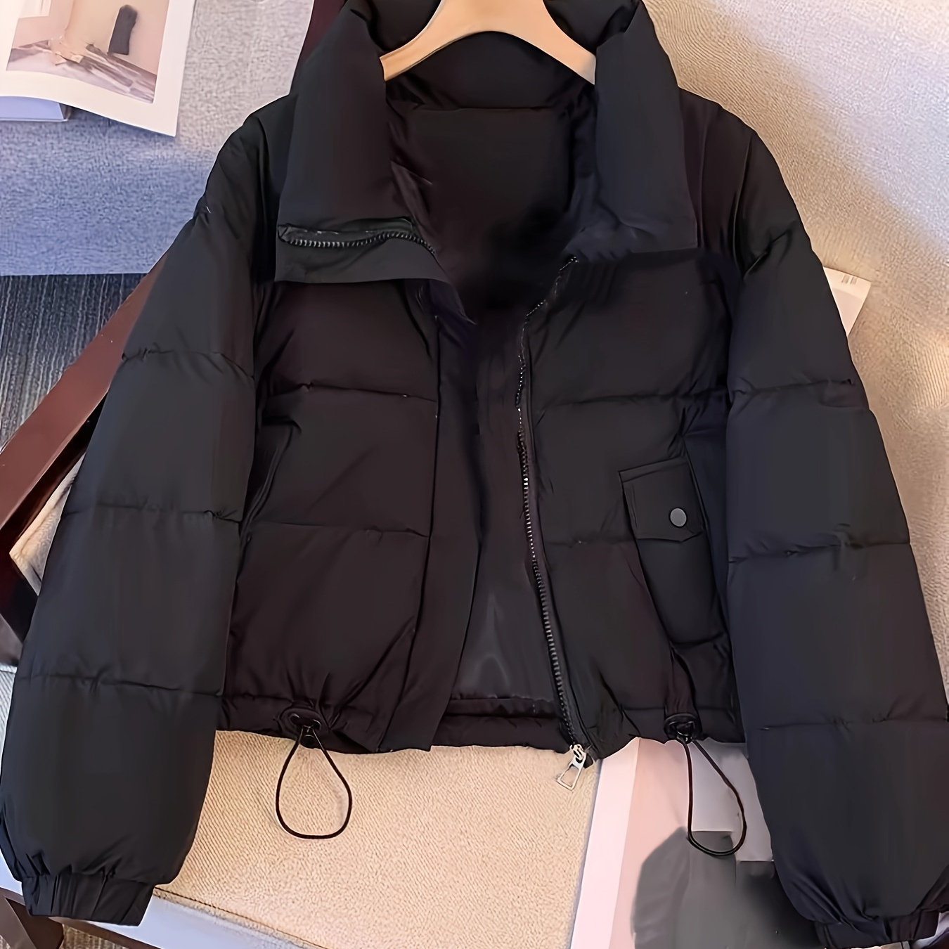 

Women's Casual Solid Color Warm Puffer Jacket, Polyester 100% 300g/m² Heavyweight, Long Sleeve Loose Fit With Drawstring, Non-stretch Woven Fabric, Regular Length With Flared Hem, Winter Outerwear