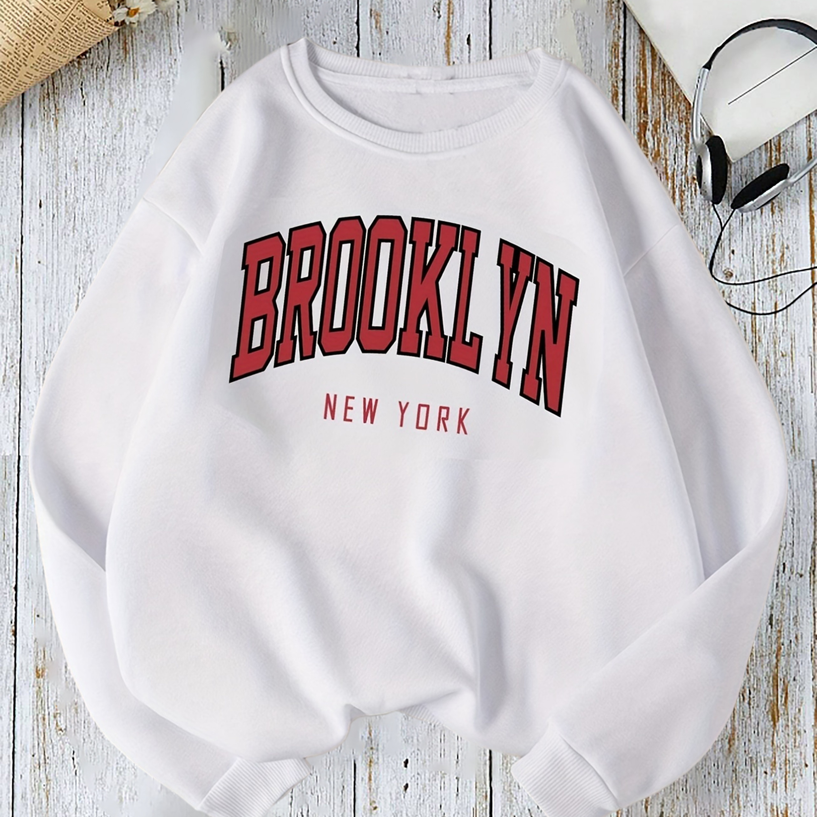 

Brooklyn Imprimer Col Rond Pull Sweat, Sweat-shirt À Manches Longues Décontracté Pour Le Printemps Et L'automne, Vêtements Pour Femmes
