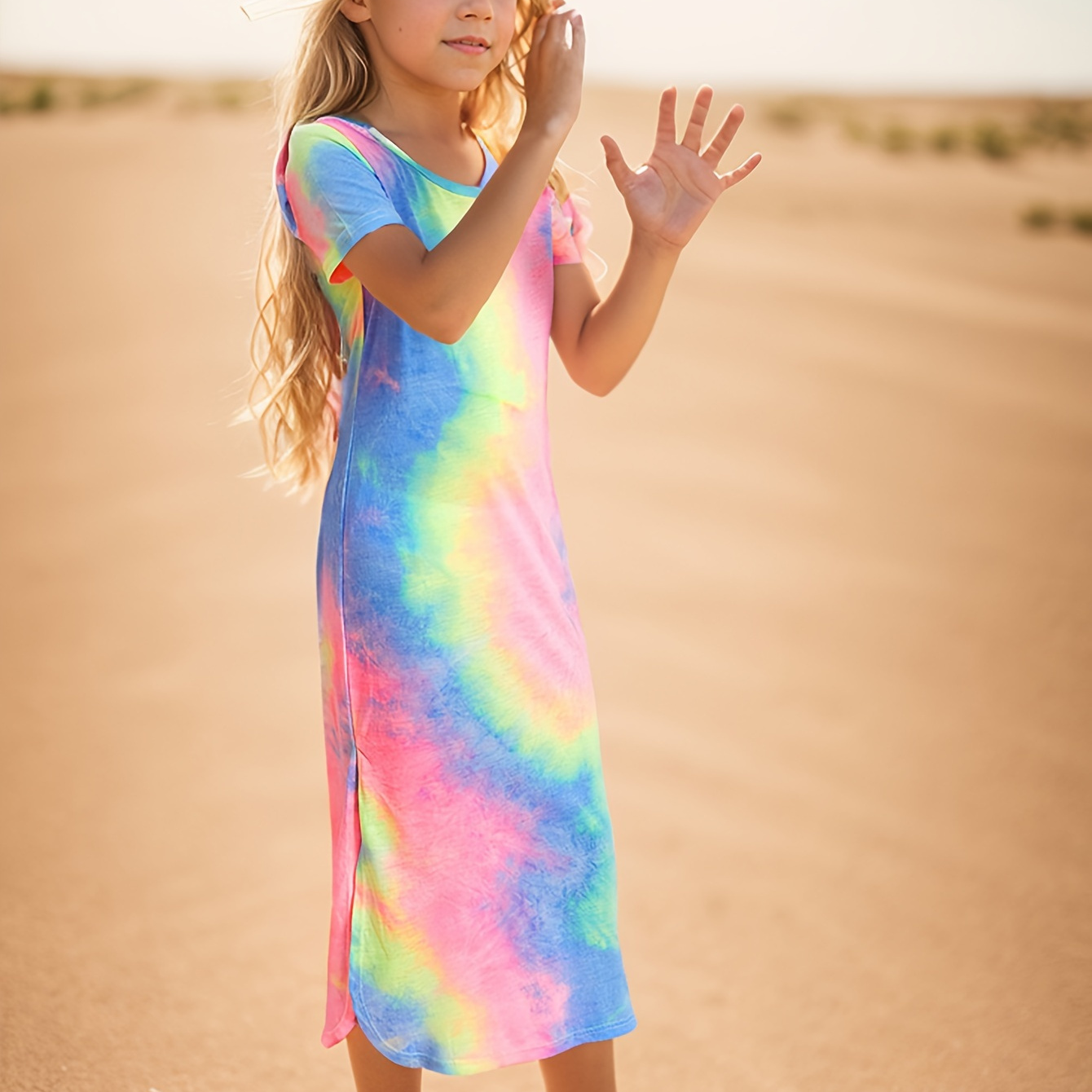 

Tie Dye Side Slit Short Sleeve Slim Midi Dress For Girls, Holiday Casual Dresses Summer Gift
