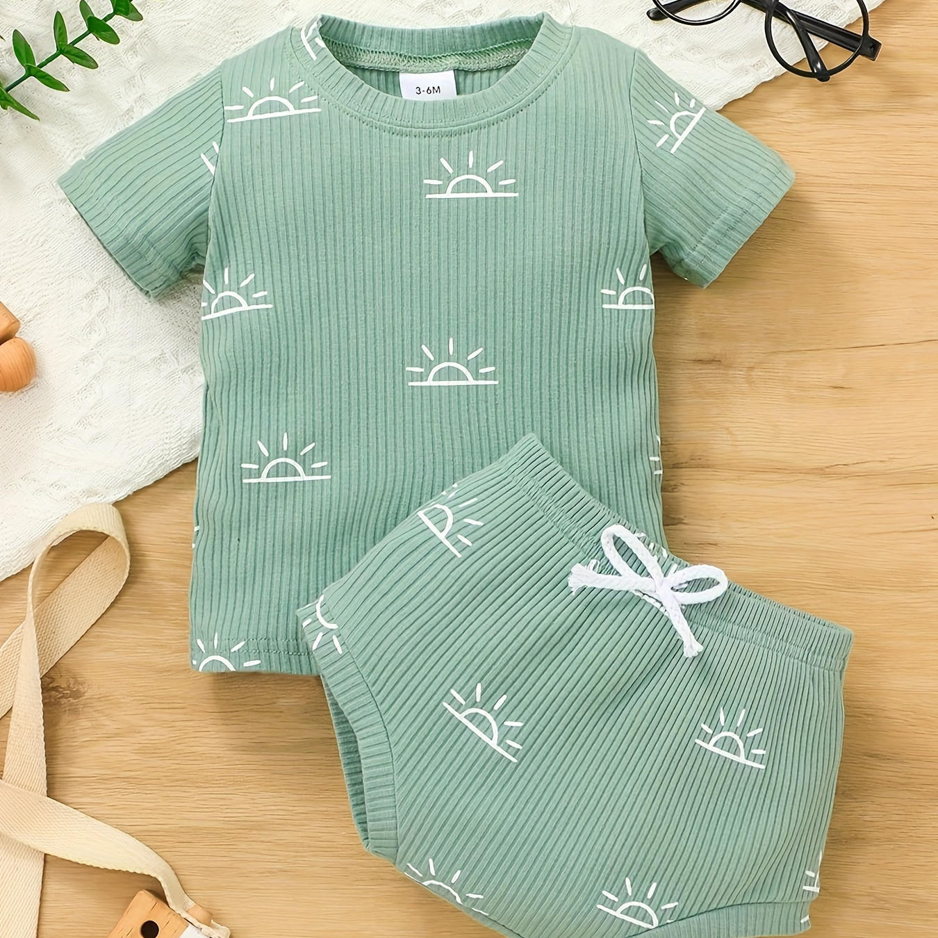 

2pcs Baby's Cartoon Sun Print Summer Set, Ribbed T-shirt & Triangle Shorts, Baby Boy's Clothing, As Gift