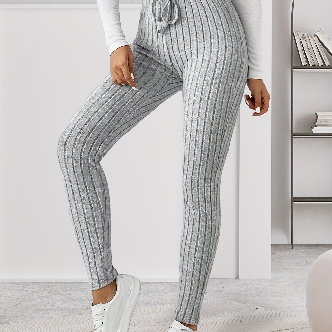 

Solid Color Skinny Ribbed Knit Pants, Casual Drawstring High Waist Tight Fit Pants For Spring & Fall, Women's Clothing