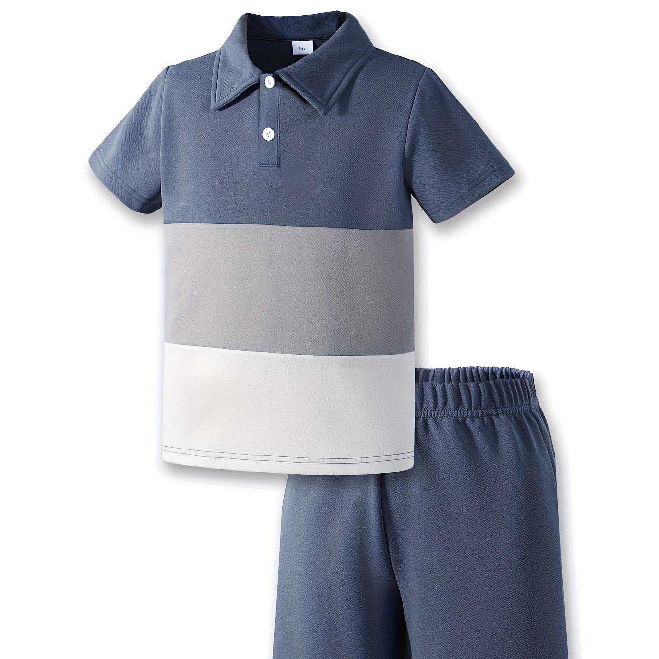 

2pcs Boys Casual Color Block Short Sleeve Lapel T-shirt & Shorts Set, Comfy Summer Boys Clothes