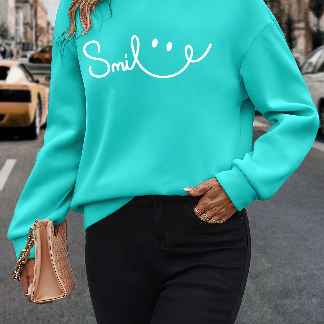

Smile Print Pullover Sweatshirt, Casual Long Sleeve Crew Neck Sweatshirt, Women's Clothing