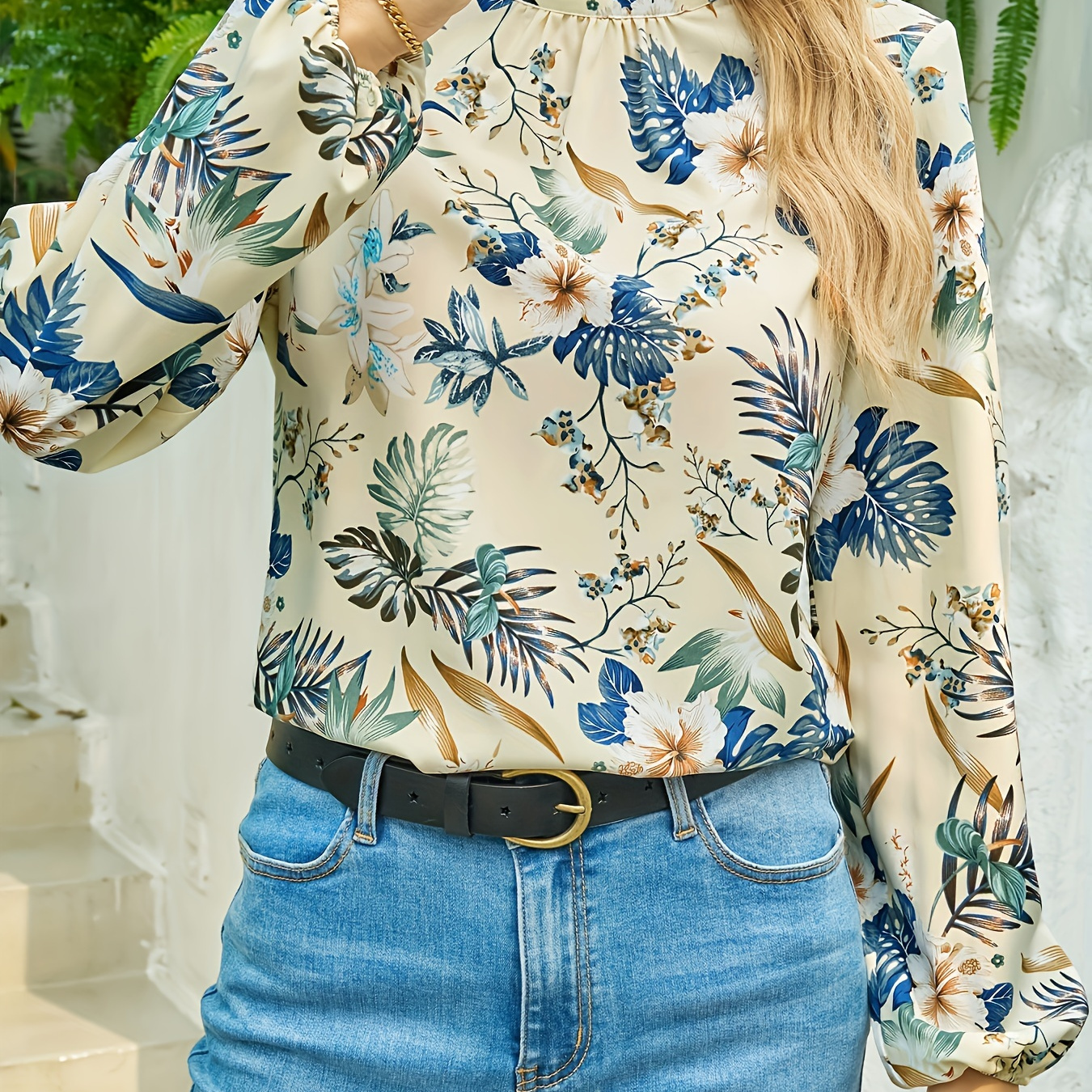 

Plant Print Mock Neck Blouse, Elegant Long Sleeve Blouse For Spring & Fall, Women's Clothing