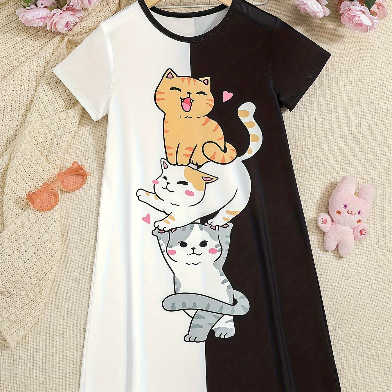 

Girls Stretchy Splicing Cartoon Cat Print Short Sleeve Dress Comfy Crew Neck Dresses Summer Clothes Party