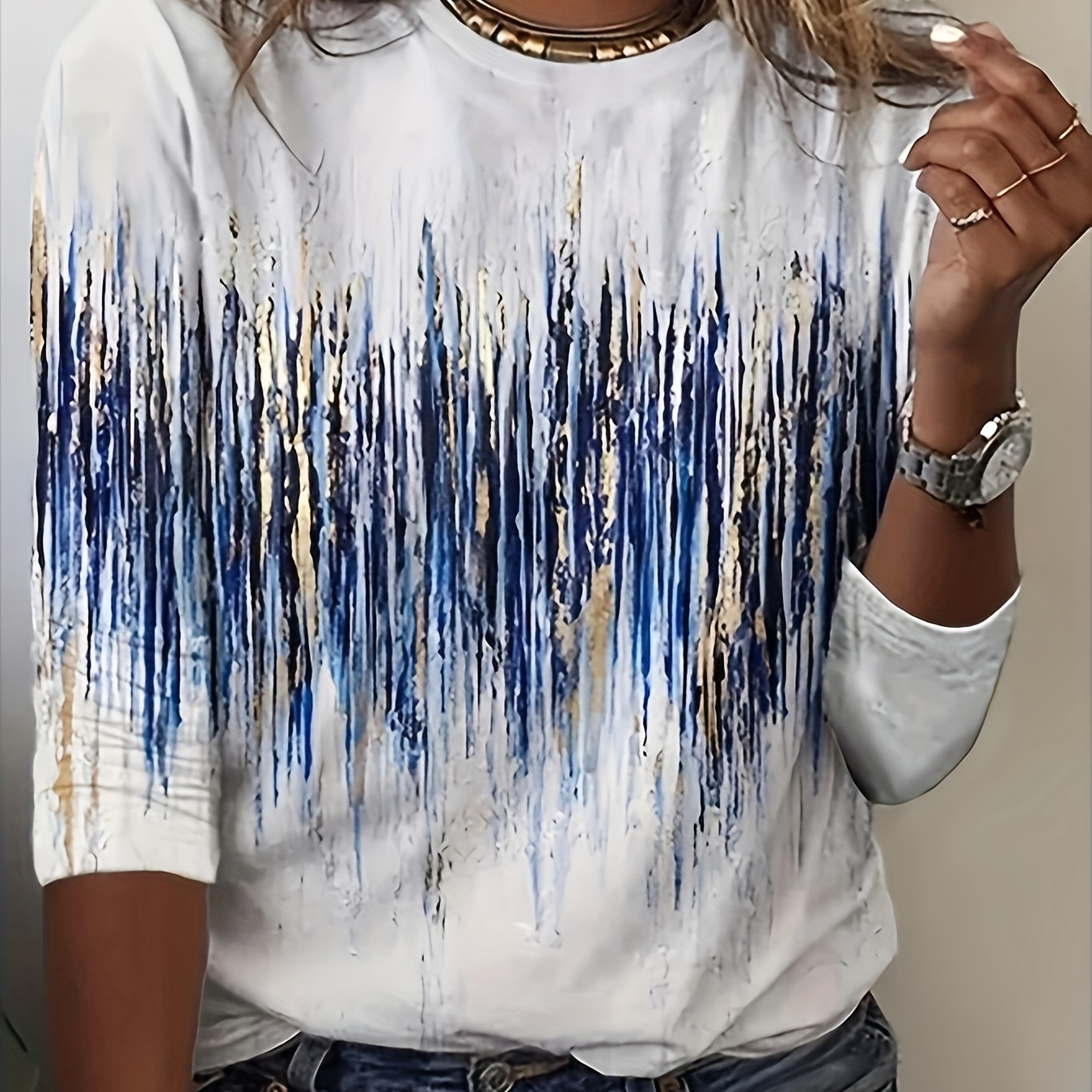

All Over Print Crew Neck T-shirt, Casual Long Sleeve Top For Spring & Fall, Women's Clothing