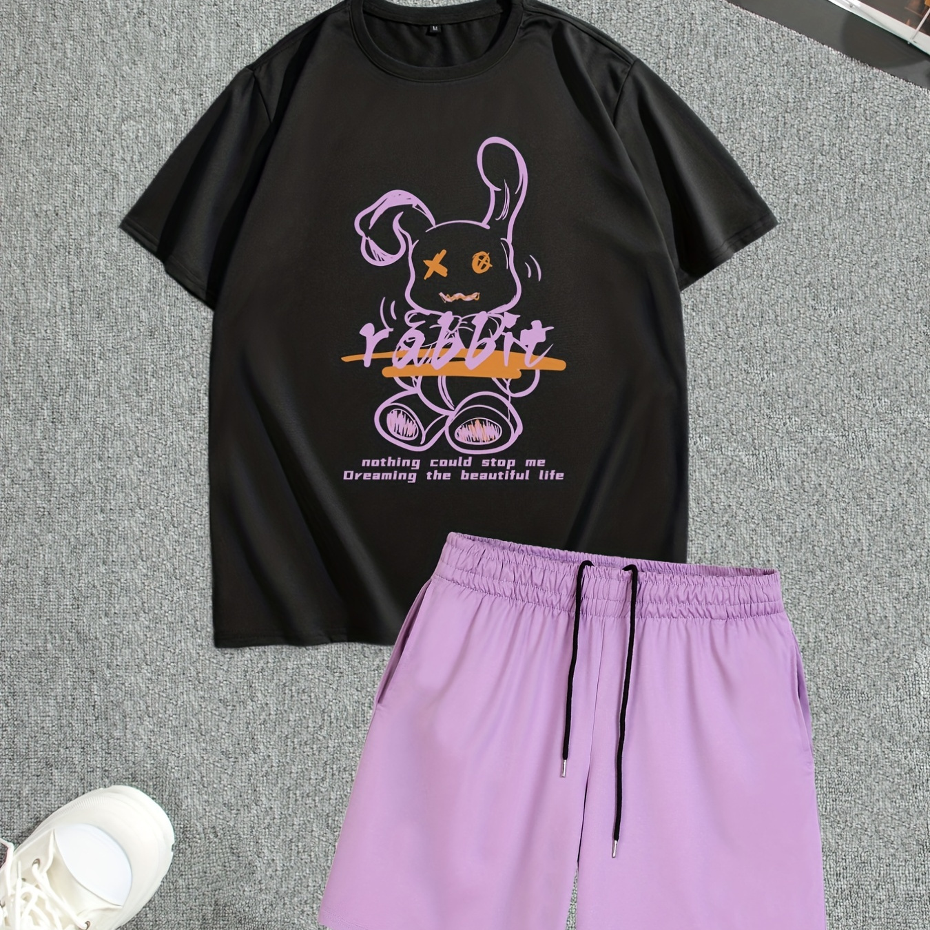 

Rabbit Print Men's Short Sleeve T-shirt & Drawstring Shorts 2pcs Casual Sports Regular Tee Top Pants Suit Outfits For Spring Summer, As Gifts