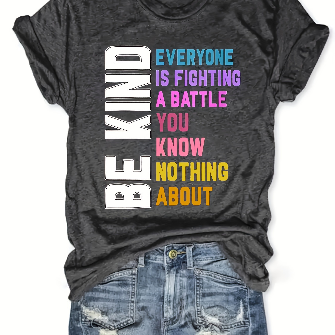 

Be Kind Print T-shirt, Casual Crew Neck Short Sleeve Top For Spring & Summer, Women's Clothing