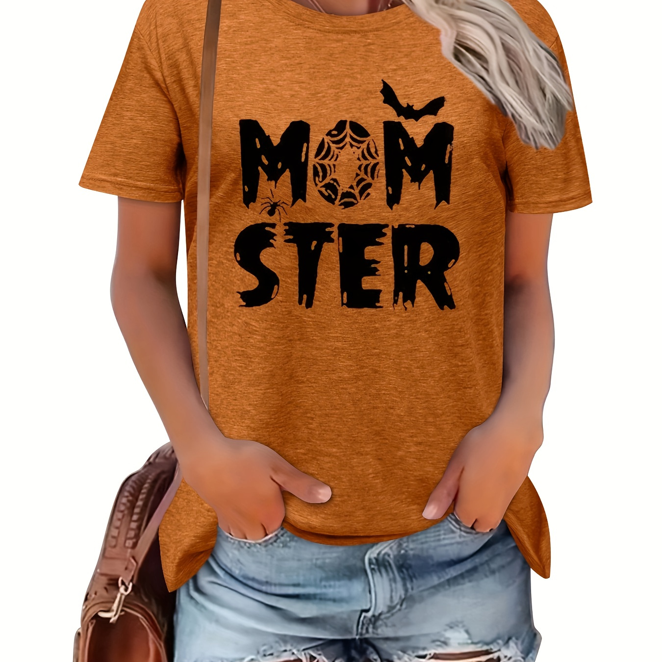 

Halloween Monster Print Crew Neck T-shirt, Casual Short Sleeve Top For Spring & Summer, Women's Clothing