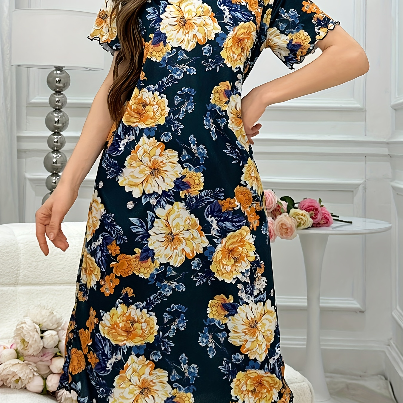 

Floral Print Frill Trim Nightgown, Elegant Short Sleeve Round Neck Loose Fit Dress, Women's Sleepwear