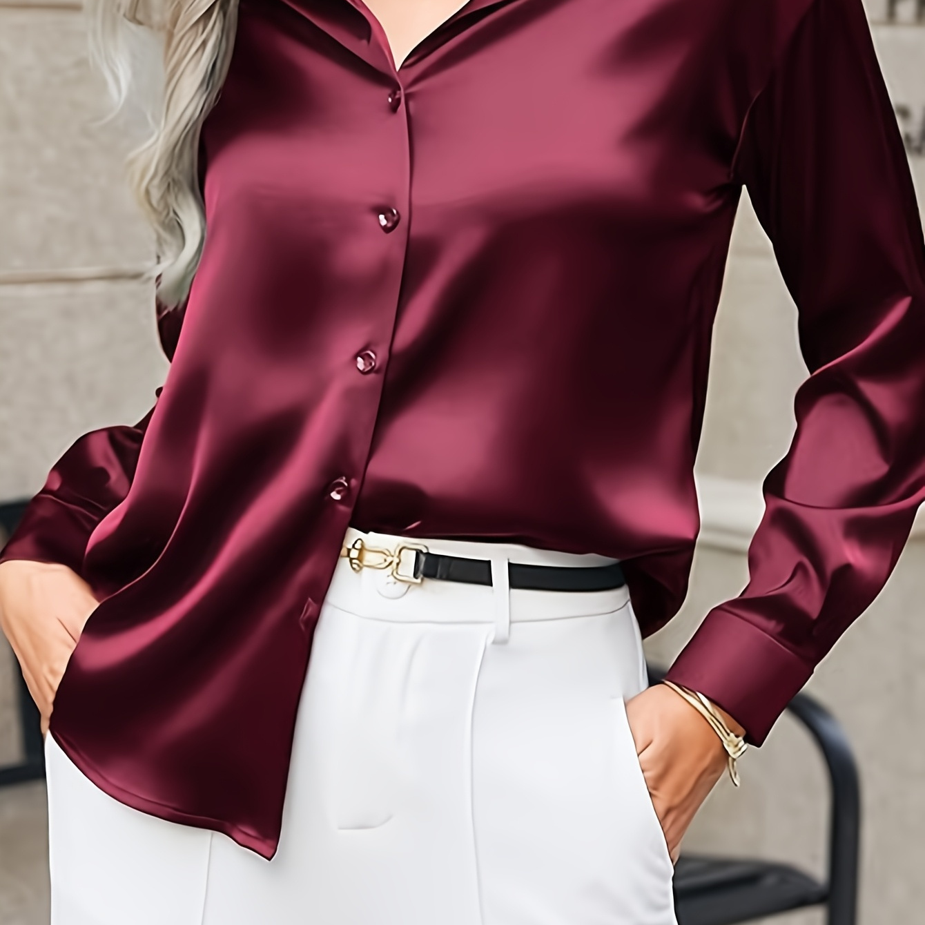 

Elegant Long-sleeve Blouse For Women - Wrinkle-free, Button-up Shirt With Collar, Casual To Semi-formal , Stylish |smooth |wrinklefree Fabric, Ruffle Blouse