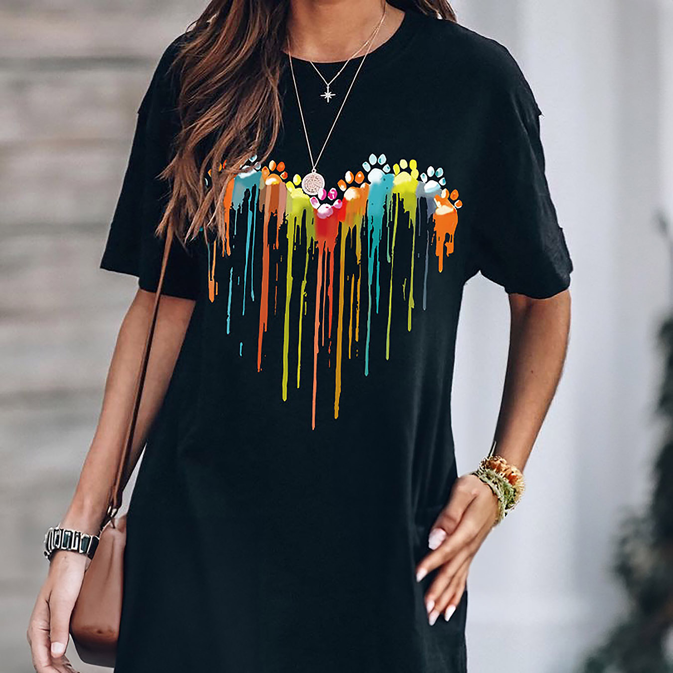

Heart Print Crew Neck Tee Dress, Casual Short Sleeve Dress For Spring & Summer, Women's Clothing