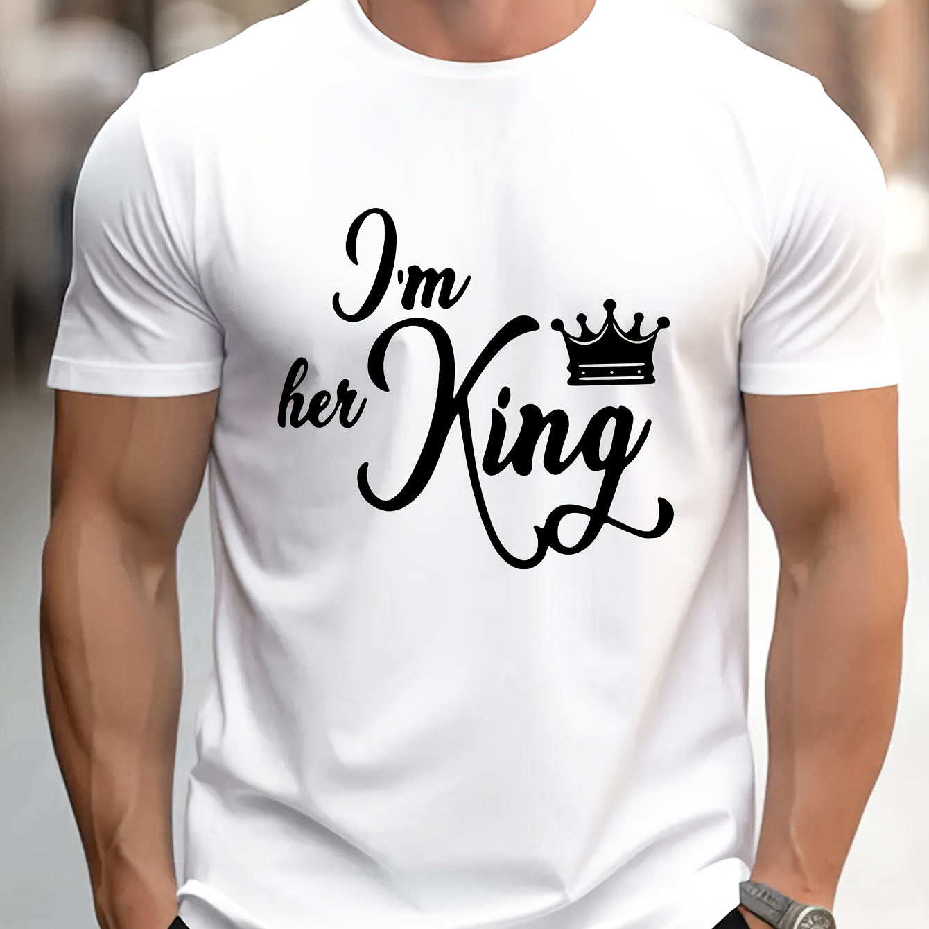 

I'm King "trendy Print Casual Short-sleeved Cotton T-shirt For Men, Spring And Summer Top, Comfortable Round Neck Tee, Regular Fit, Versatile Fashion For Everyday Wear