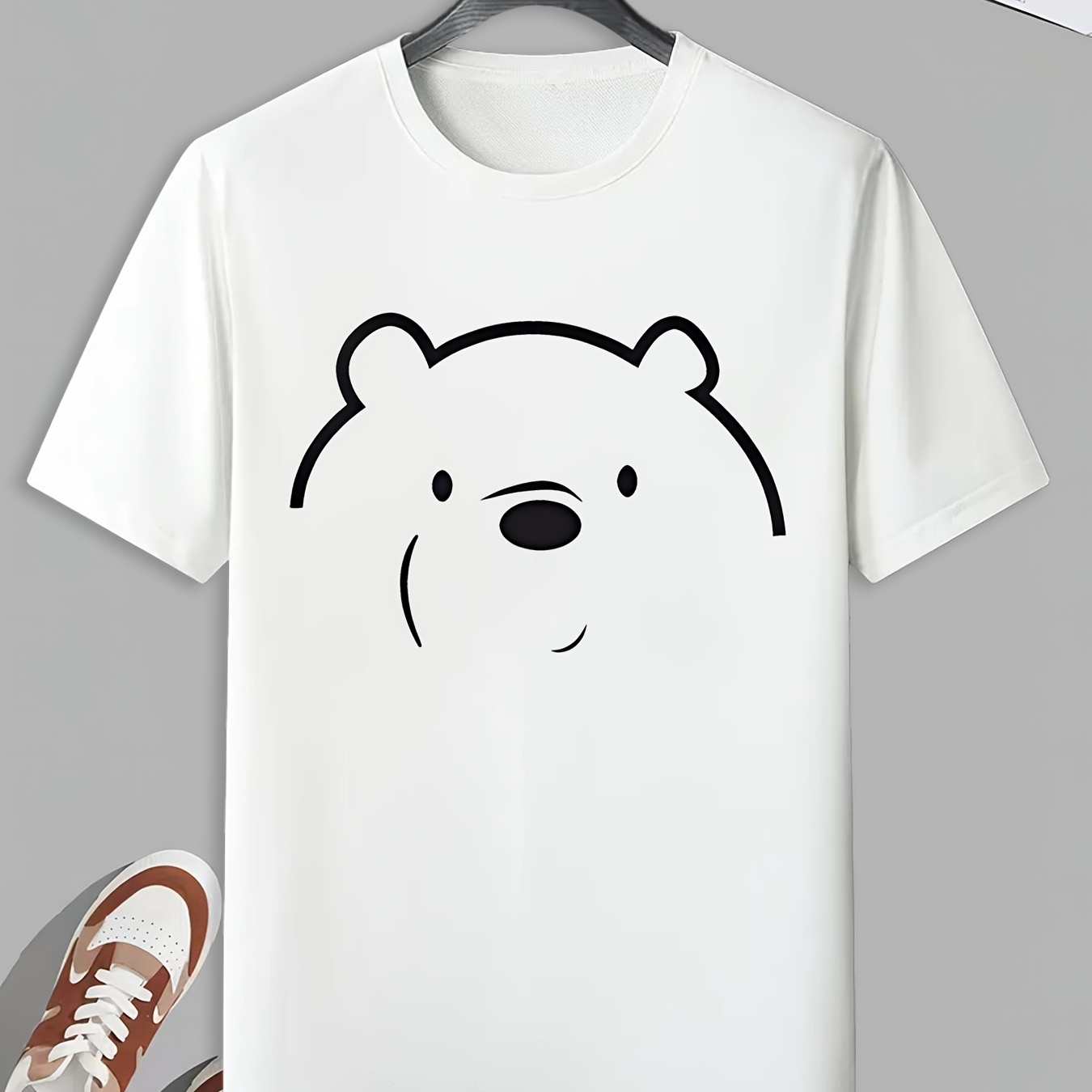 

Men's Cute Bear Face Print T-shirt, Active Slightly Stretch Breathable Tee For Outdoor