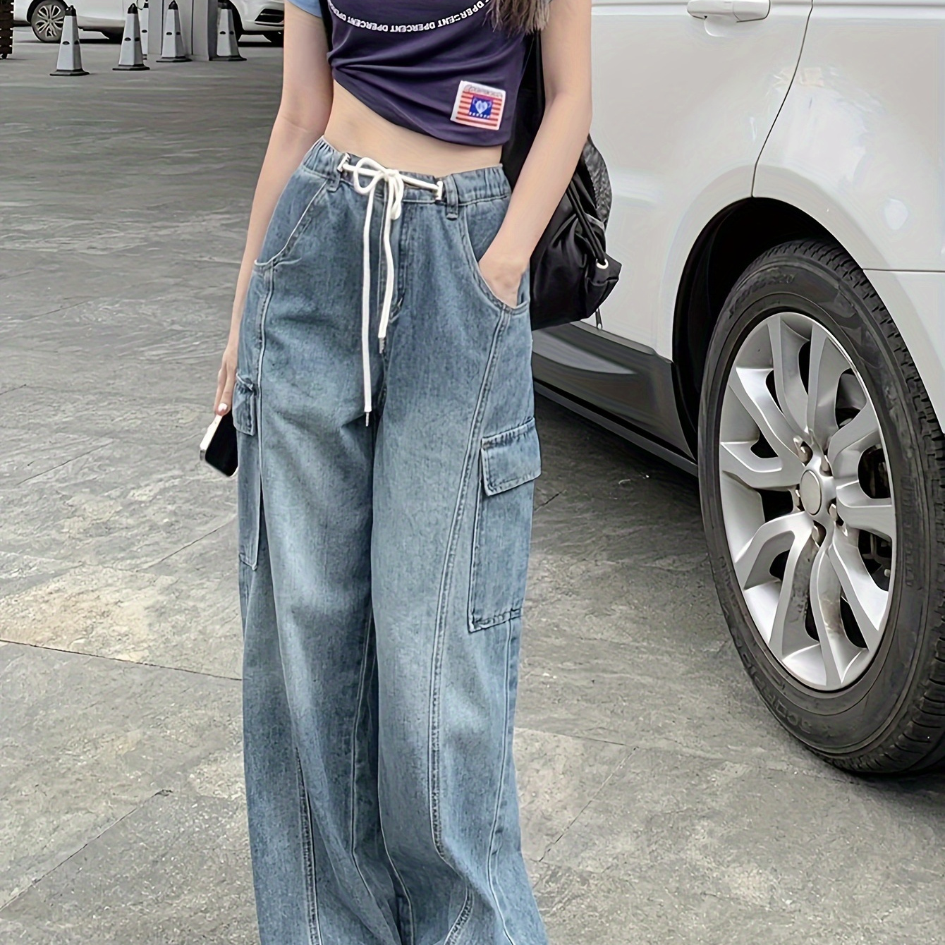 

Vintage High Waisted Wide Leg Jeans With Multiple Pockets And Drawstring, Street Style, Loose Fit, Floor-length Denim Pants