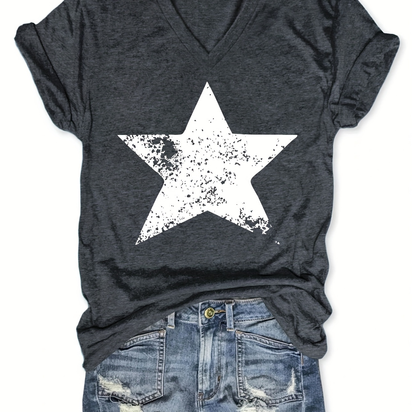 

Star Print V-neck T-shirt, Casual Short Sleeve T-shirt For Spring & Summer, Women's Clothing