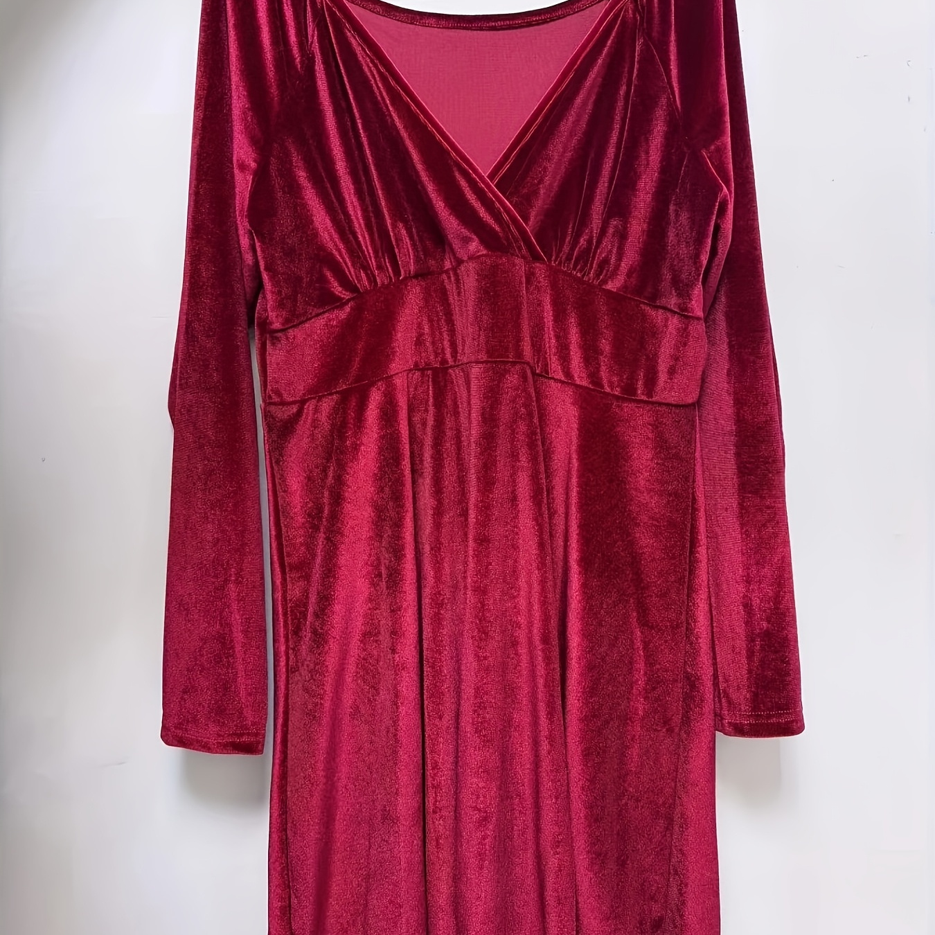 

Solid Velvet Surplice Neck Dress, Casual Cinched Waist Long Sleeve Dress, Women's Clothing