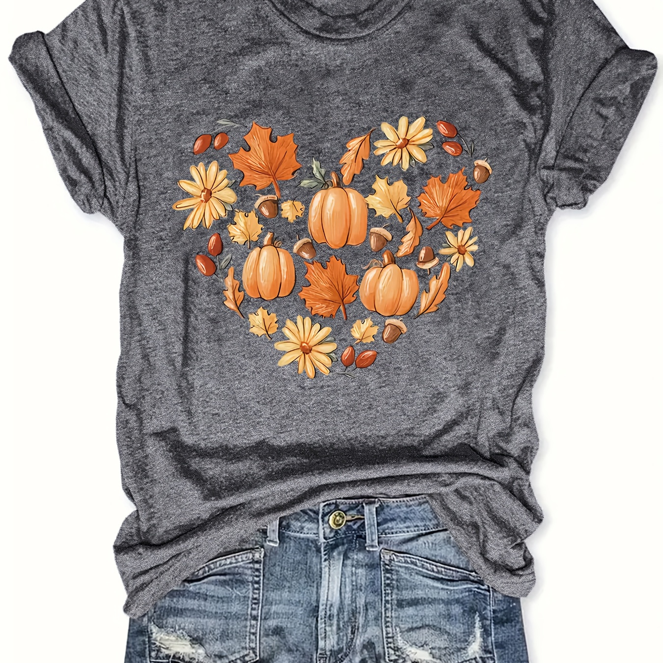 

Plus Size Crew Neck T-shirt With Autumn Pumpkin And Leaves Print - 100% Polyester Casual Tee With Slight Stretch For Women - Summer Knit Fabric Top With Seasonal Graphic Design