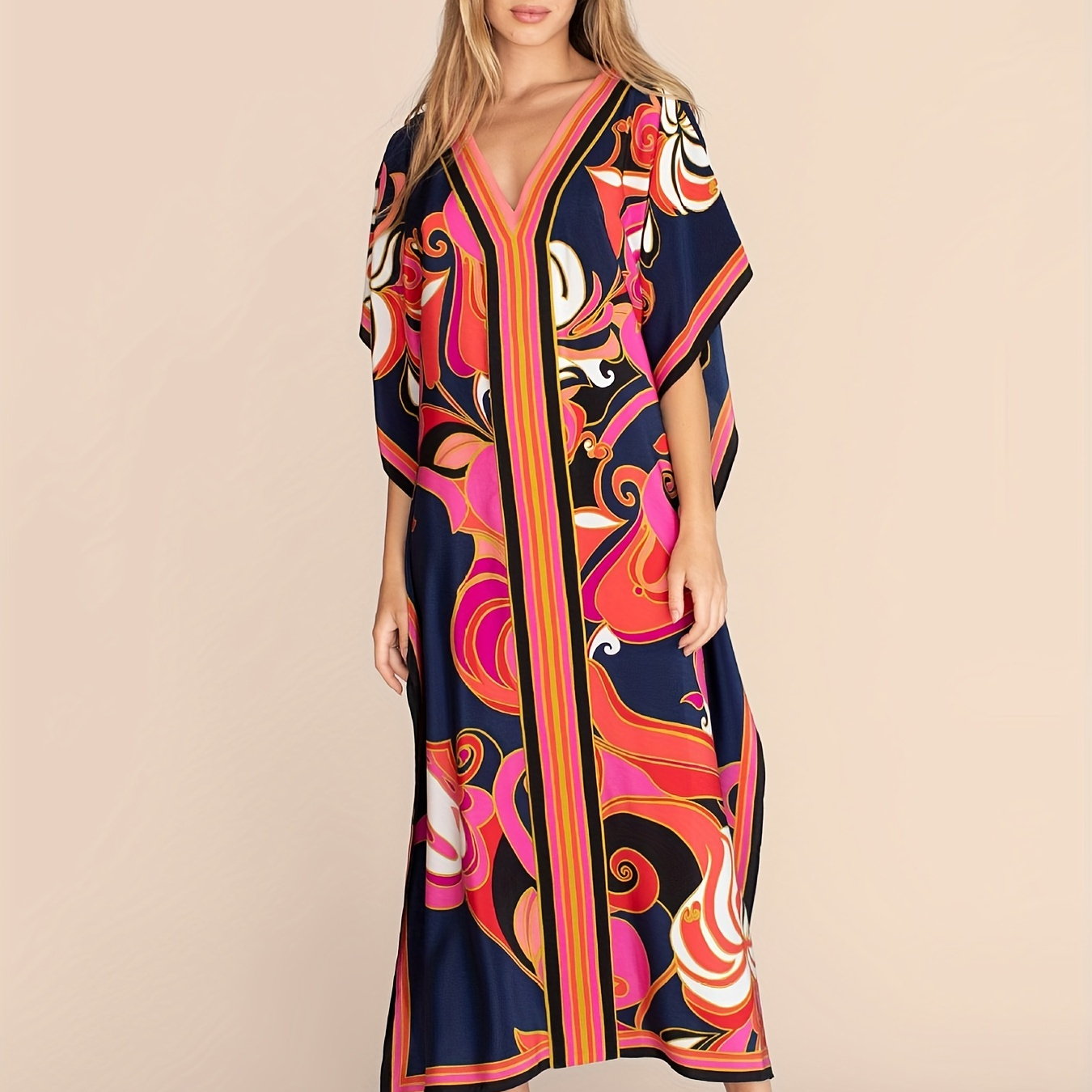 

Plus Size Boho Kimono, Women's Plus Caftan Stripe Print Bat Sleeve V Neck Vacay Split Maxi Cover Up