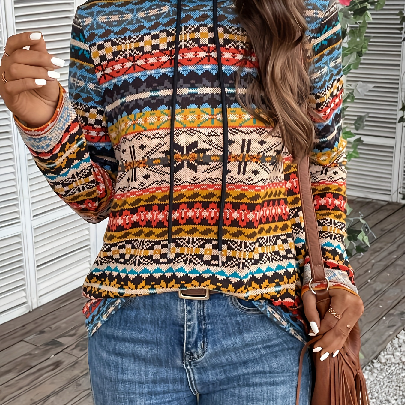 

Tribal Print Mock Neck Drawstring Top, Casual Long Sleeve Top For Spring & Fall, Women's Clothing