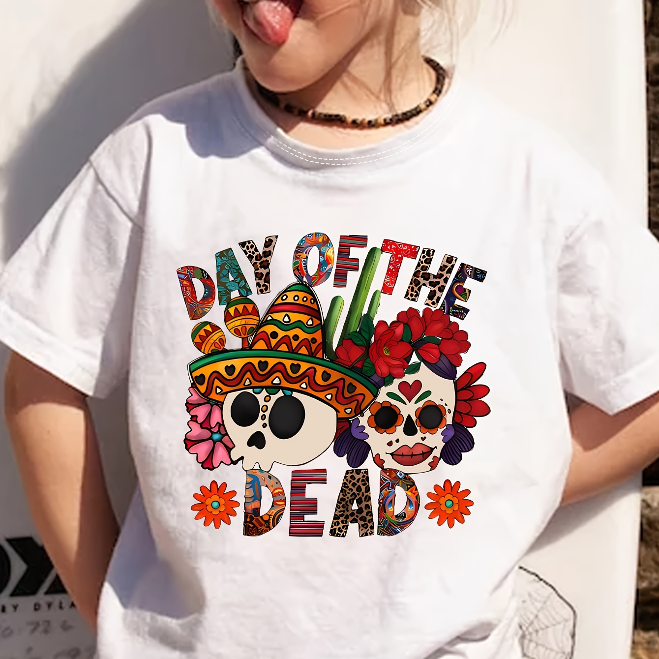 

Of The Dead Cotton T-shirt With Elastane - Casual Crew Neck, Slight Stretch, Festive Print Knit Top, Regular Fit 12 And Under, Ideal For Spring/summer