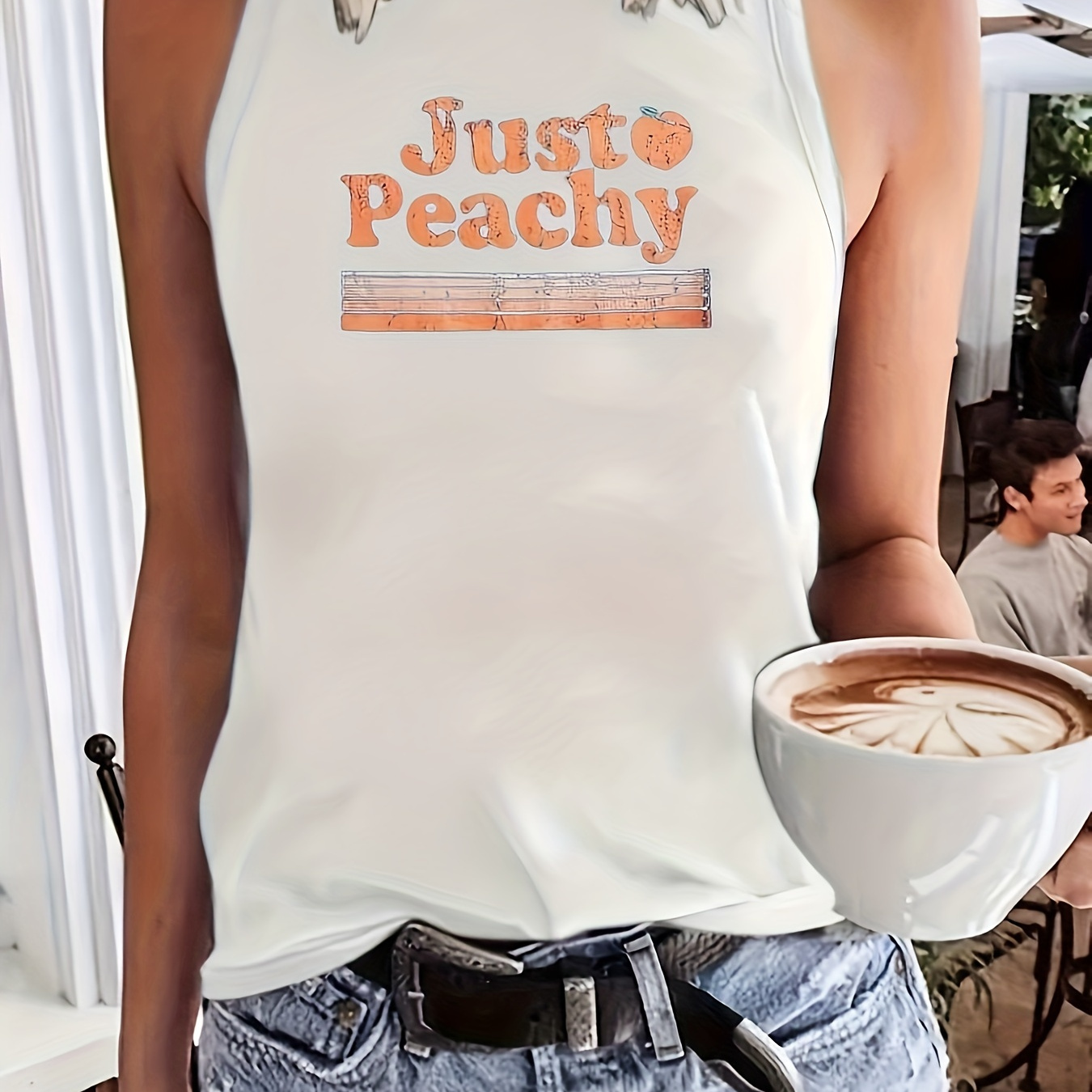 

Peachy Print Tank Top, Sleeveless Casual Top For Summer & Spring, Women's Clothing