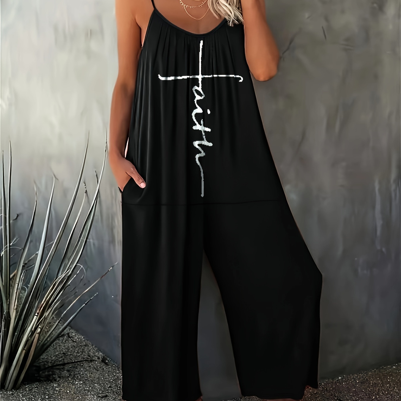 

Faith Letter Print Loose Cami Jumpsuit, Casual Sleeveless Spaghetti Strap Wide Leg Jumpsuit, Women's Clothing