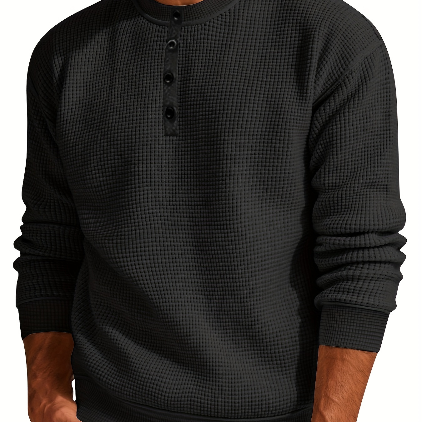 

Men's Casual Waffle-knit Henley Shirt - Long Sleeve, Solid Color With Half-button , Polyester ,