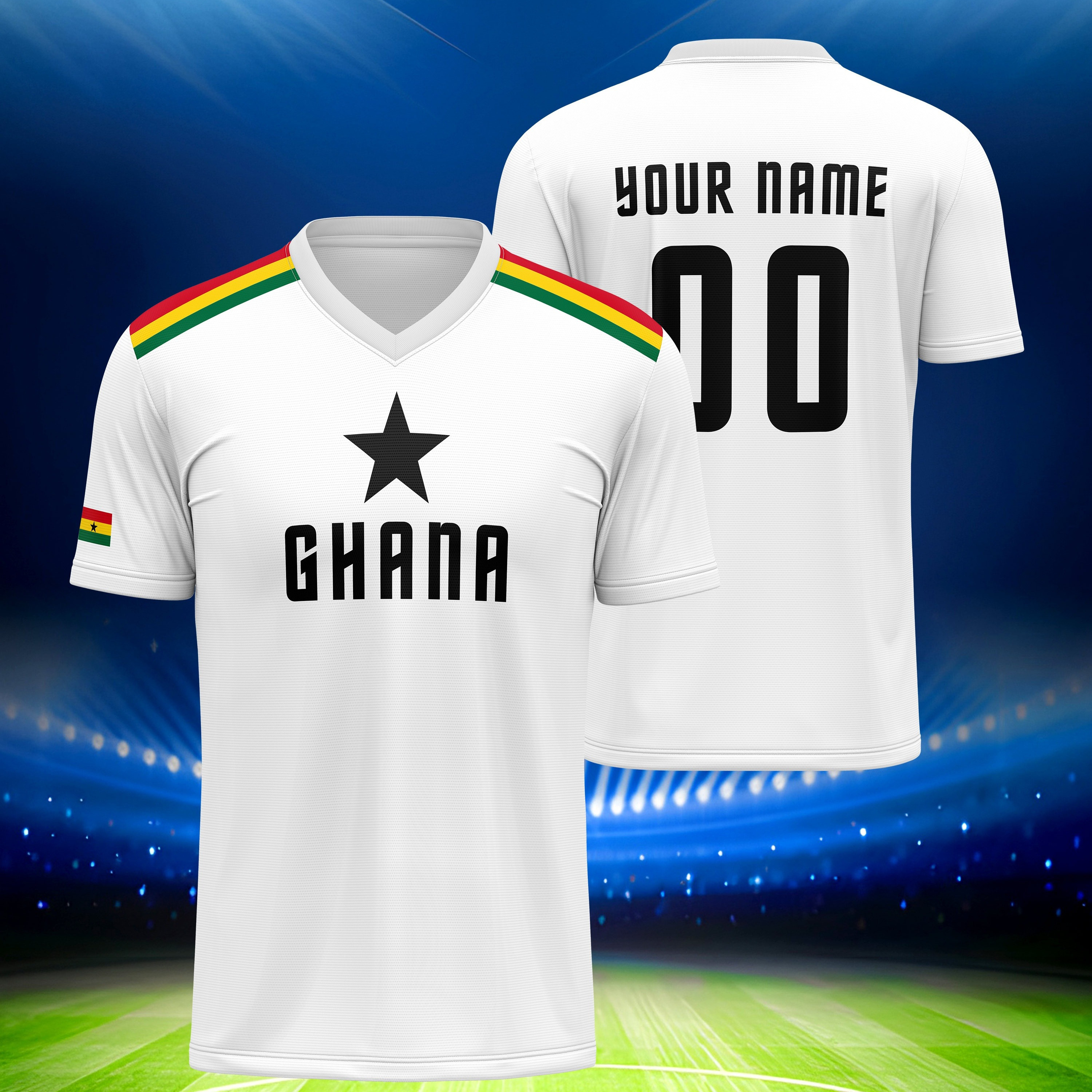 

Customized V-neck Ghana Football Jersey, Breathable Polyester 100%, Print, Knit Fabric, Regular Fit, For Adult, Ideal For Soccer, Training, Outdoor Activities, Party &